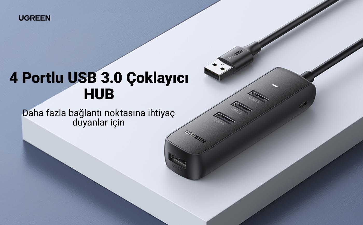 4 bağlantı noktalı siyah USB hub. UGREEN markası sol üstte görünüyor.