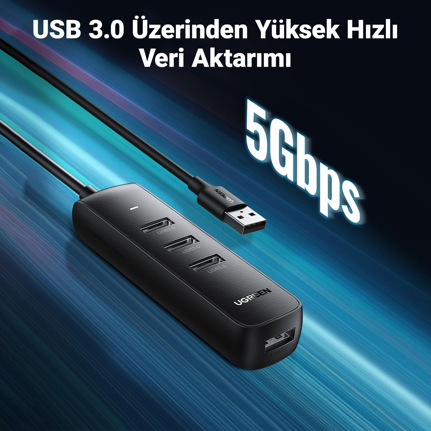 Mavi degrade arka plan ve 5Gbps metni ile 4 bağlantı noktalı ve bir USB kablosuna sahip siyah bir UGREEN USB hub.
