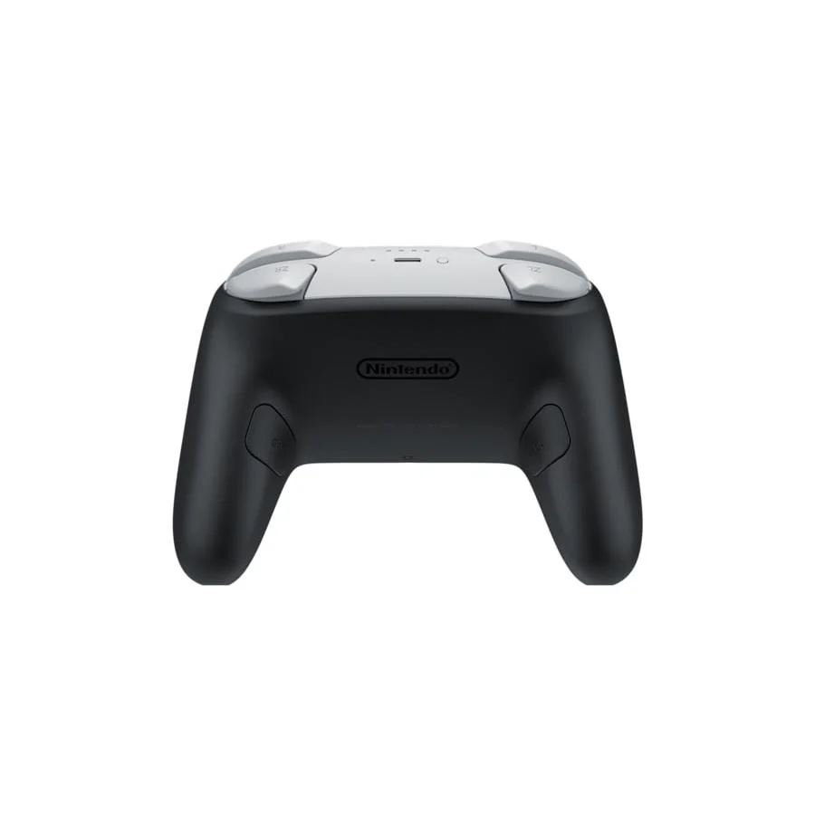 Vista posterior de un mando Nintendo Switch blanco y negro con el logo de Nintendo.