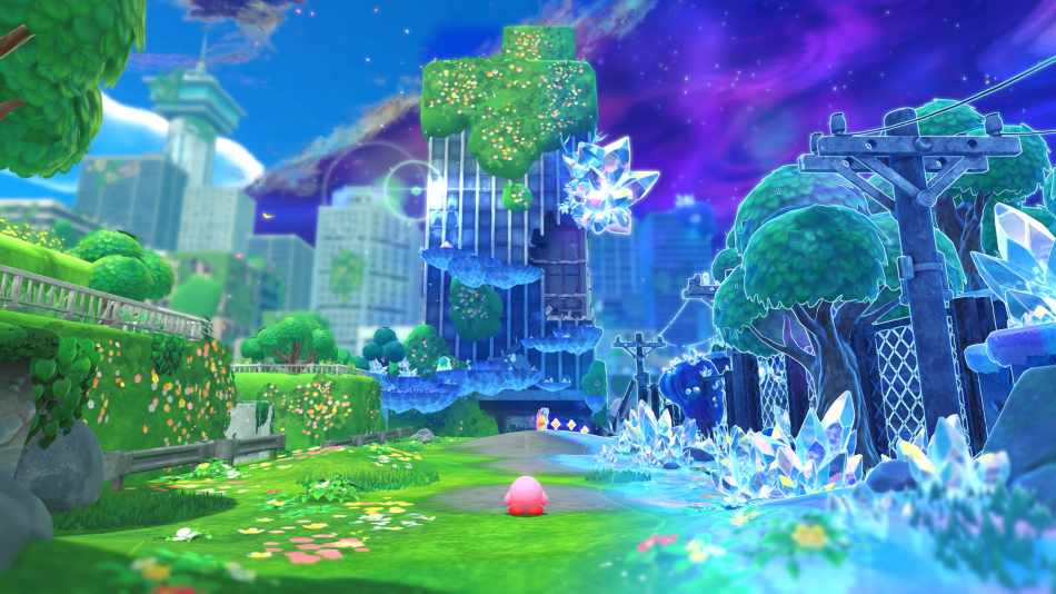 Escena del juego Kirby. Kirby rosa en una ciudad, edificios de fantasía, cristales y cielo colorido.