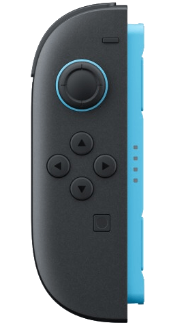 Un controlador Joy-Con de Nintendo Switch negro y azul, vista lateral.