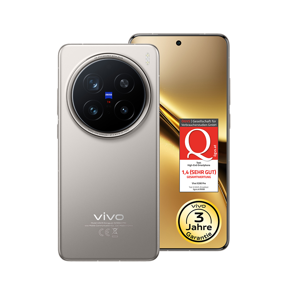 Silbernes Vivo-Telefon mit großem Kameramodul und goldfarbenem Bildschirm. Aufkleber auf dem Bildschirm.