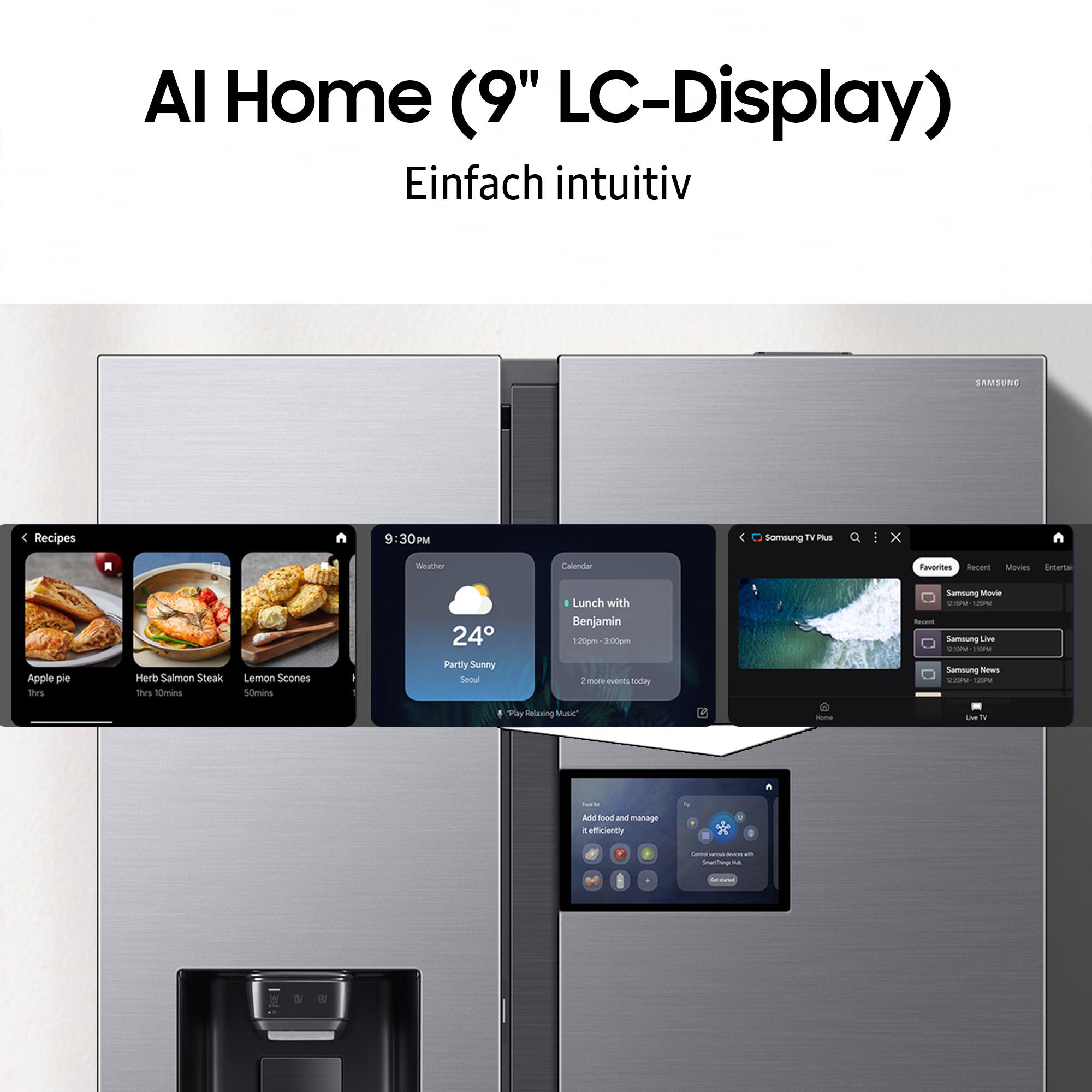 Kühlschrank mit Display, das Rezepte, Wetter, Kalender und einen Startbildschirm zeigt.
