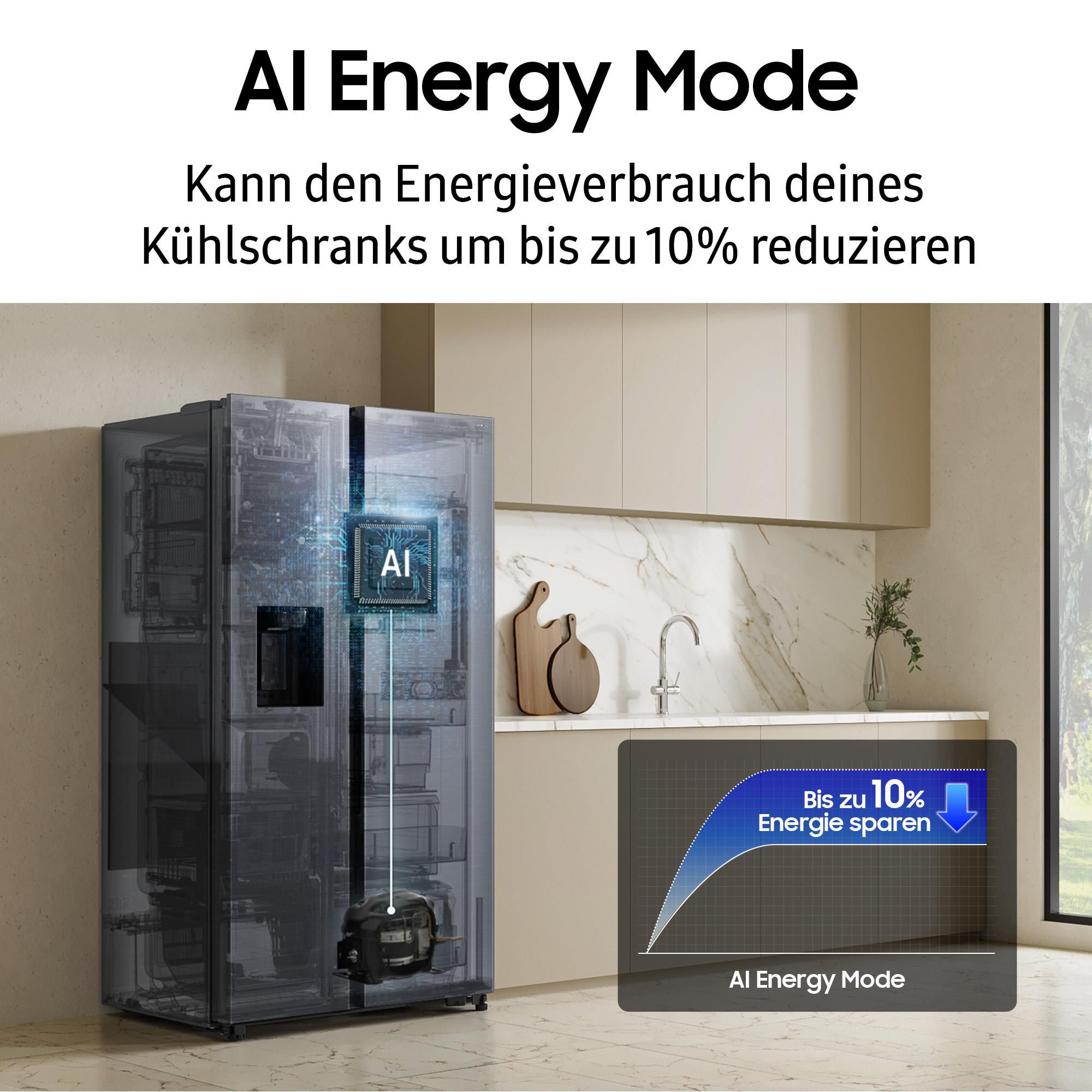 Kühlschrank mit transparenter Tür. Grafik zum AI-Energiesparmodus. Küche im Hintergrund.