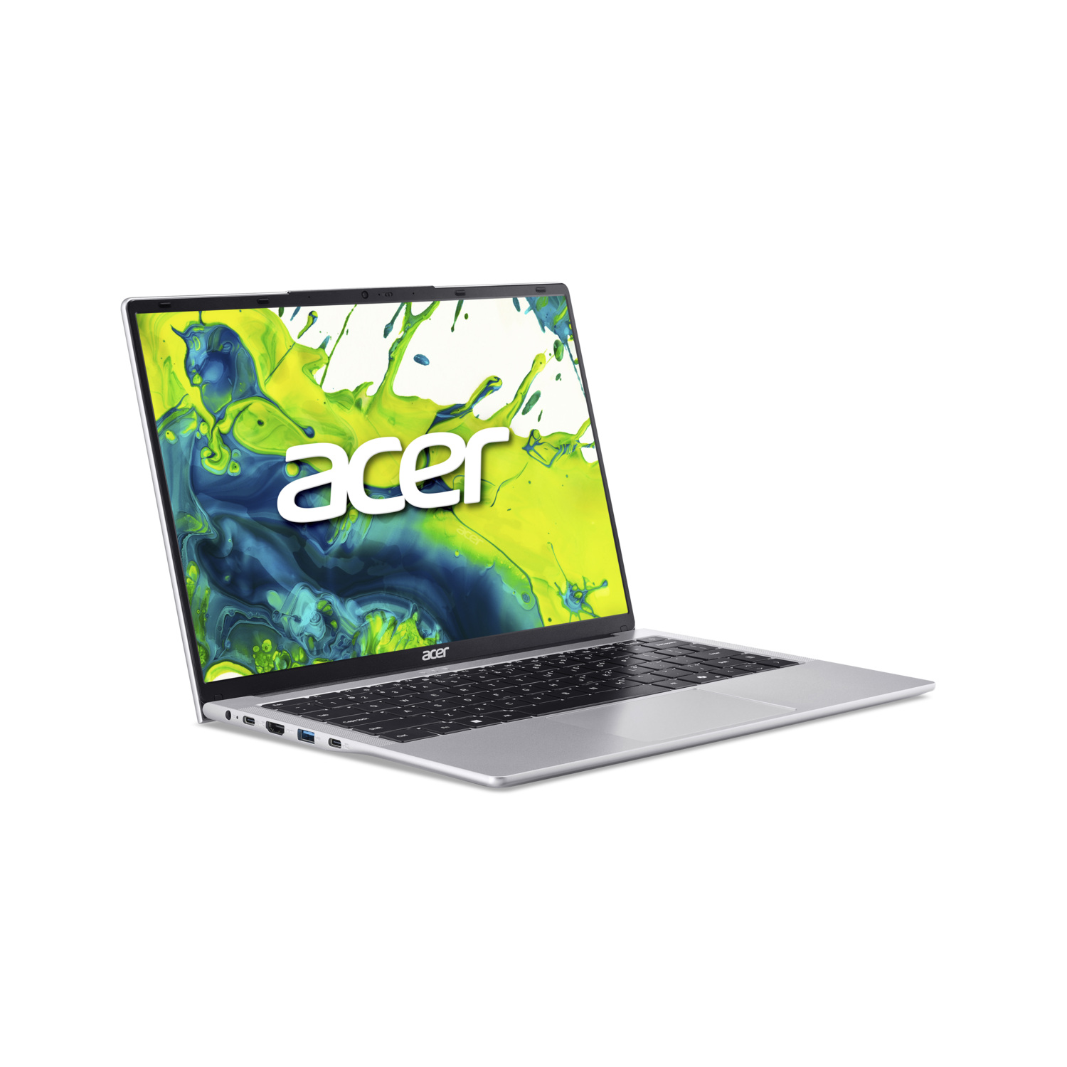 Zilveren laptop open op zwart oppervlak, kleurrijk splashscherm met Acer logo.