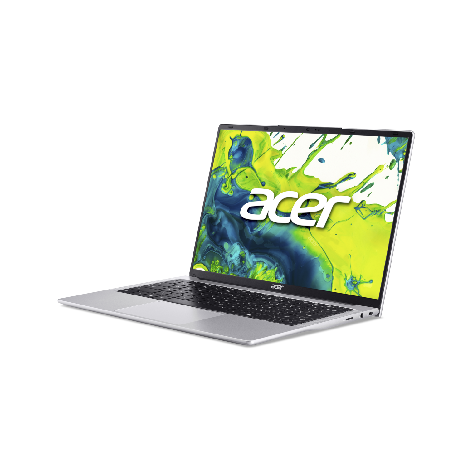 Zilveren laptop met het Acer-logo op het scherm, op een zwarte achtergrond.