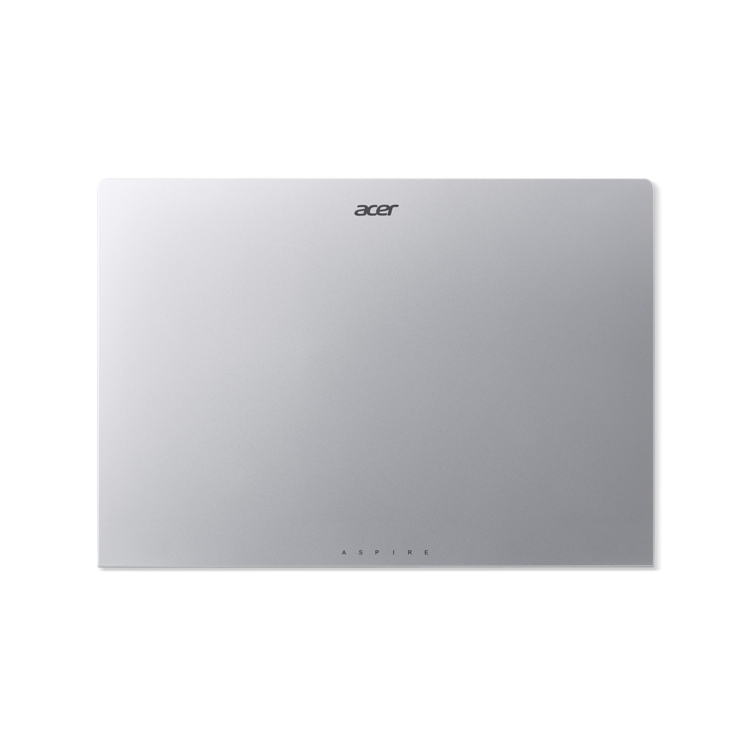Zilveren Acer laptop, gesloten. Acer Aspire-tekst onderaan. Zwarte achtergrond. De laptop is gecentreerd.