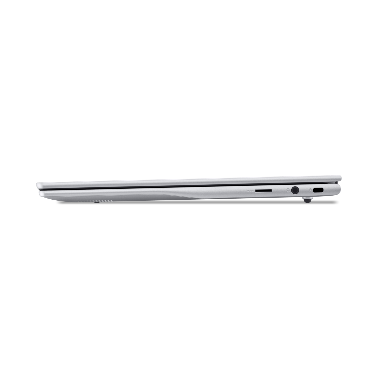 Zijaanzicht van een zilveren laptop met zichtbare poorten.