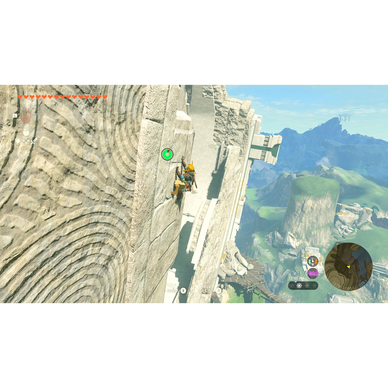 Un personaggio scala una parete rocciosa in un videogioco, con un bersaglio verde.
