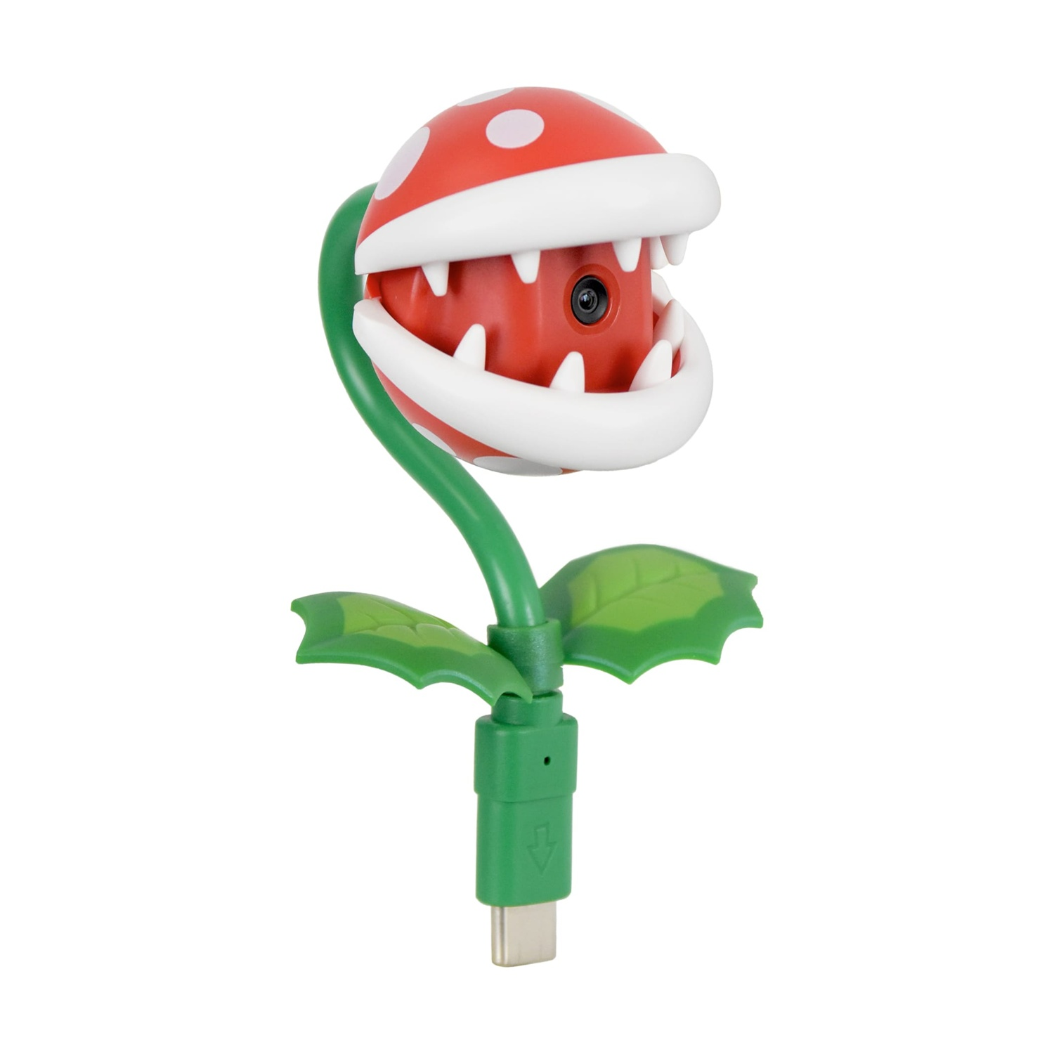 Una fotocamera a forma di Pianta Piranha con un connettore USB-C, in una vivace combinazione di colori rosso, bianco e verde.