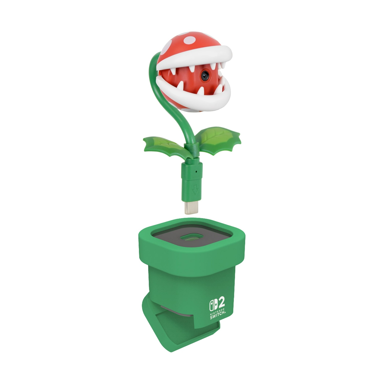 Telecamera Piranha Plant per Nintendo Switch. Base verde e connettore USB.