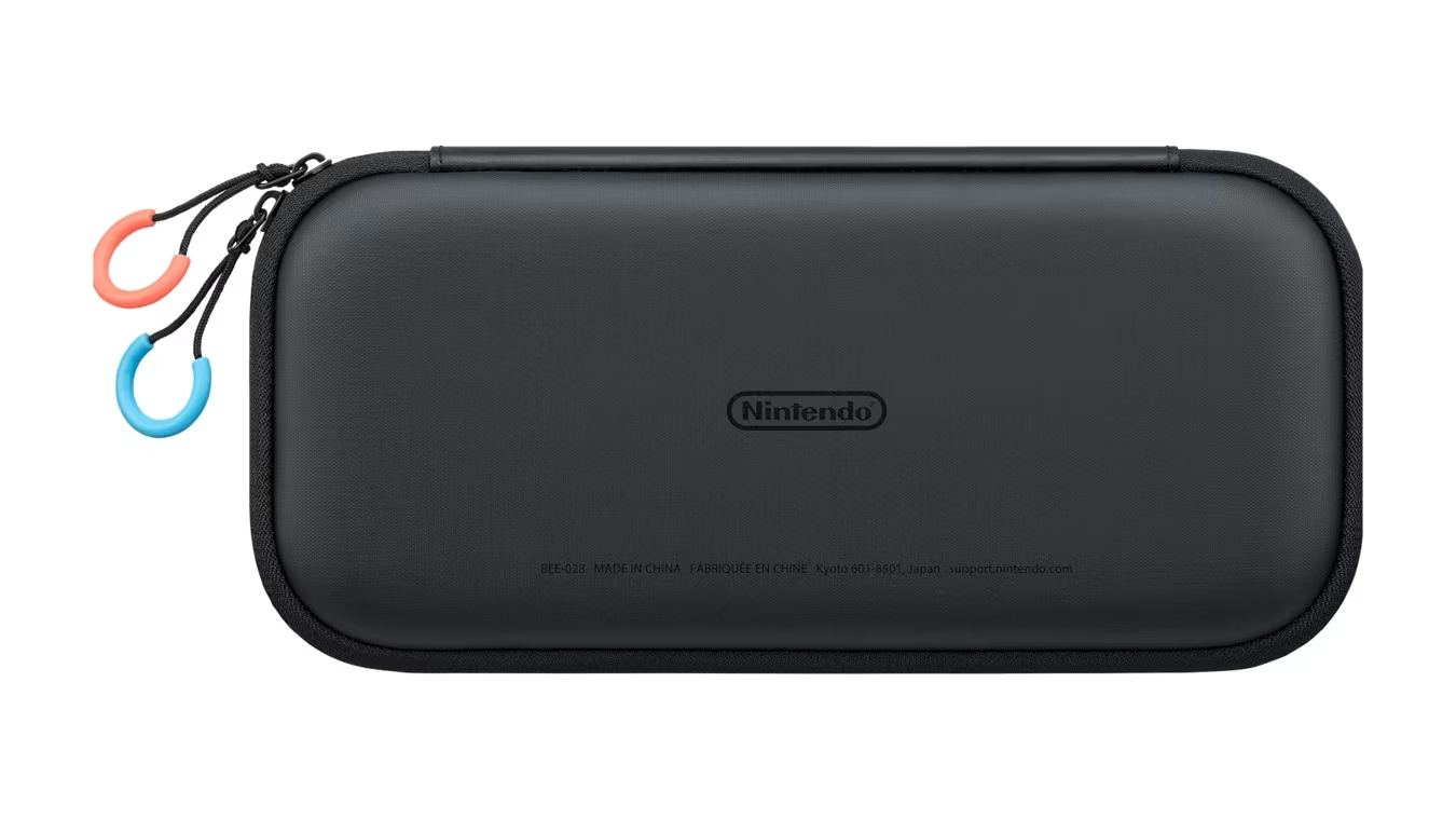 Funda negra de Nintendo Switch con cremallera y tiradores azules y naranjas.