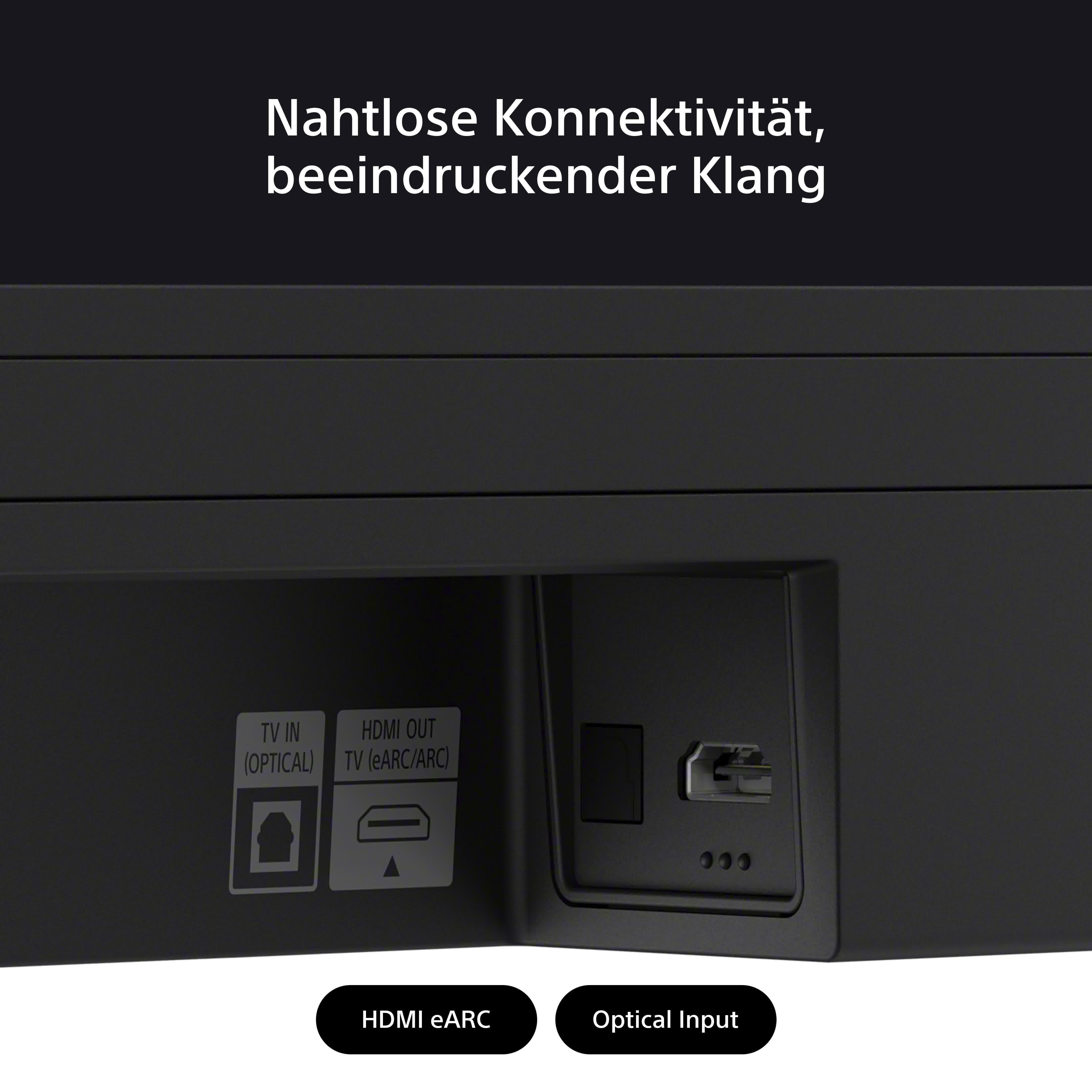 Nahaufnahme einer schwarzen Soundbar mit Anschlüssen. Text zeigt HDMI eARC und optischen Eingang.