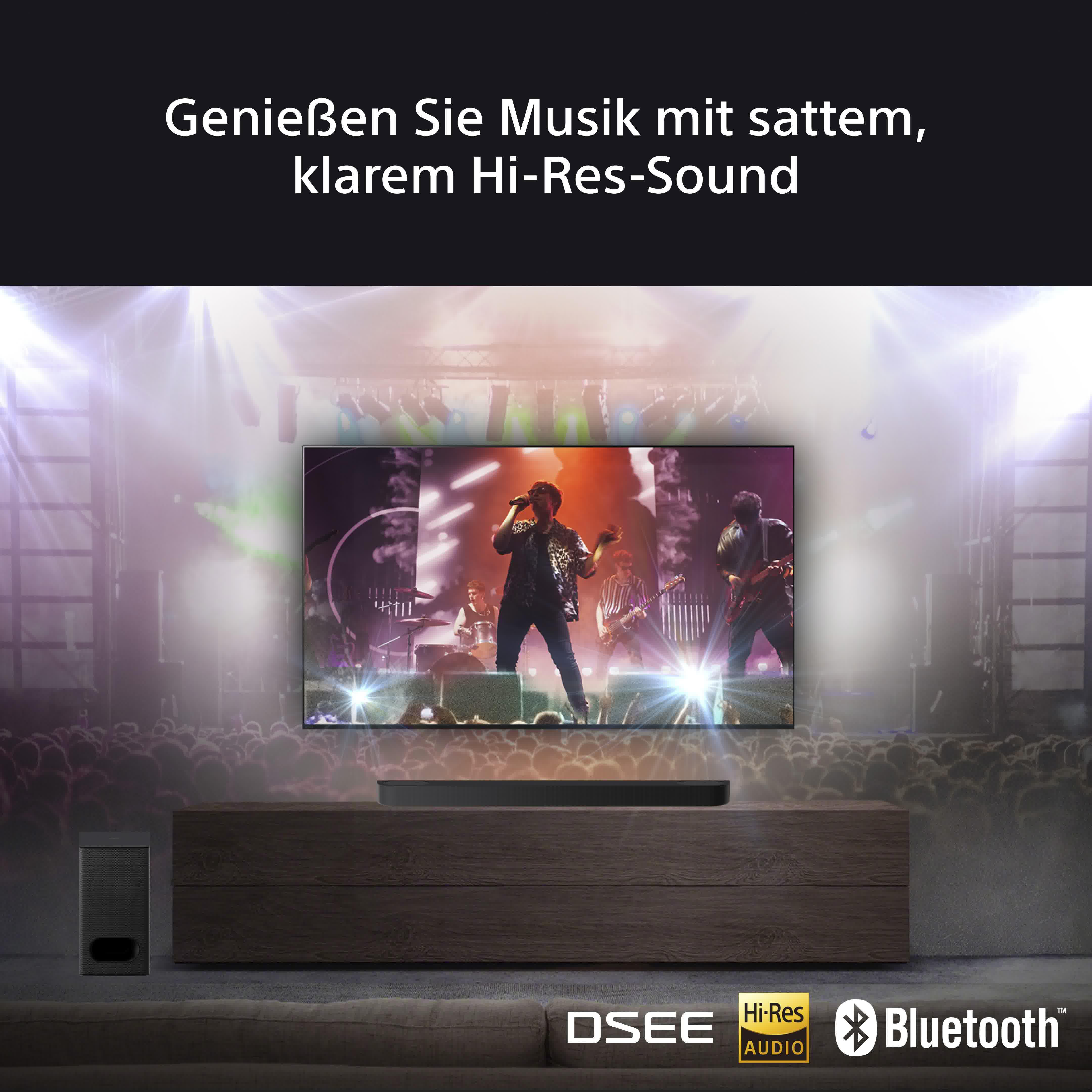 Ein TV- und Soundbar-Setup mit dem Text: 'Genießen Sie Musik mit sattem, klarem Hi-Res-Sound'.