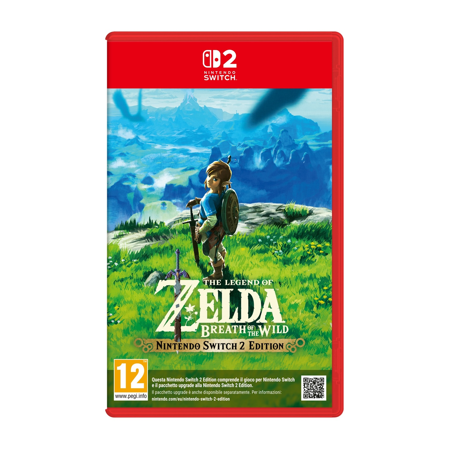 La scatola del gioco The Legend of Zelda: Breath of the Wild per Nintendo Switch, sfondo rosso con Link.