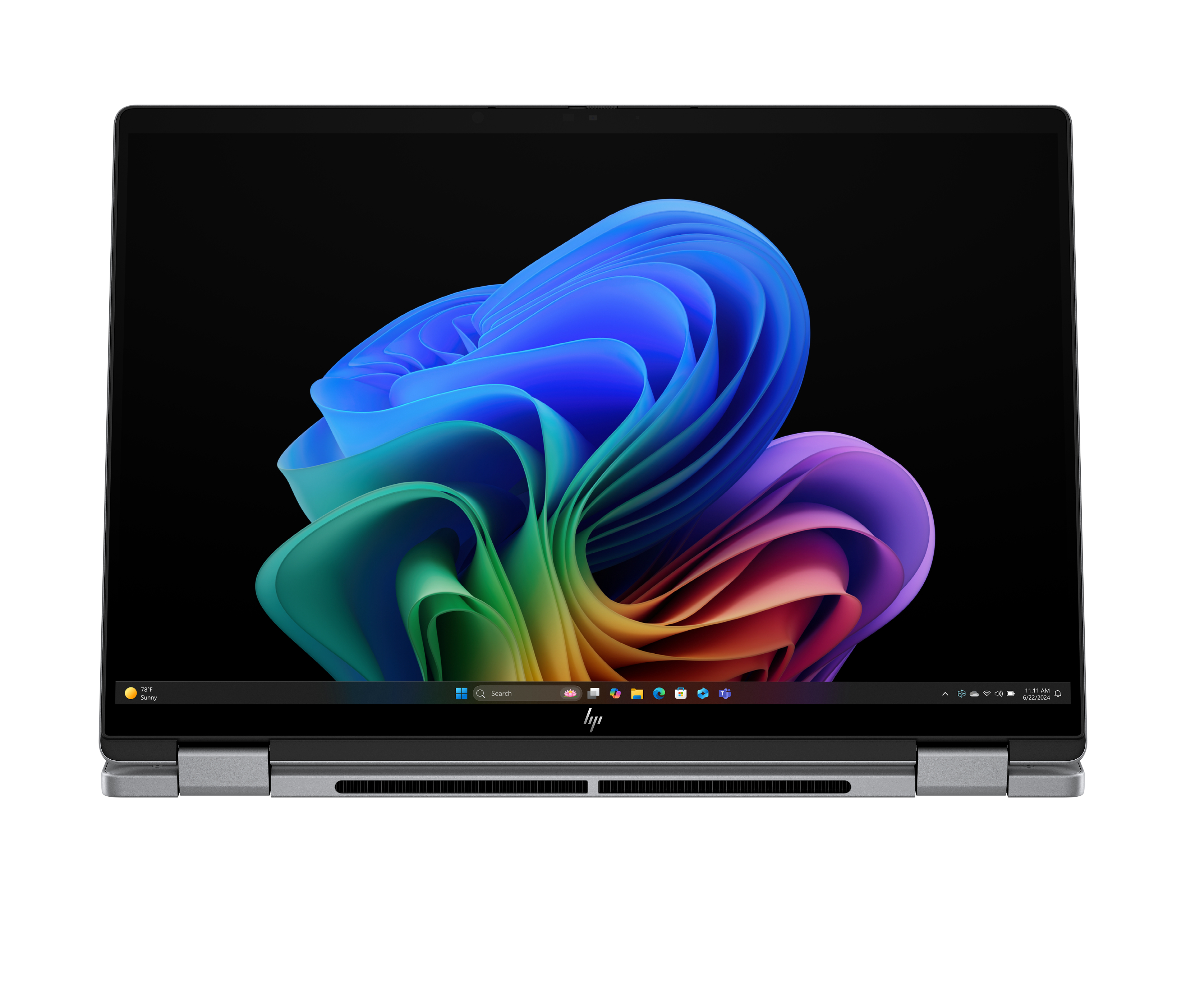 Ein Laptop mit einem farbenfrohen Bild auf dem Bildschirm. Der Laptop ist geöffnet. Der Hintergrund ist schwarz. Silberner Rahmen.