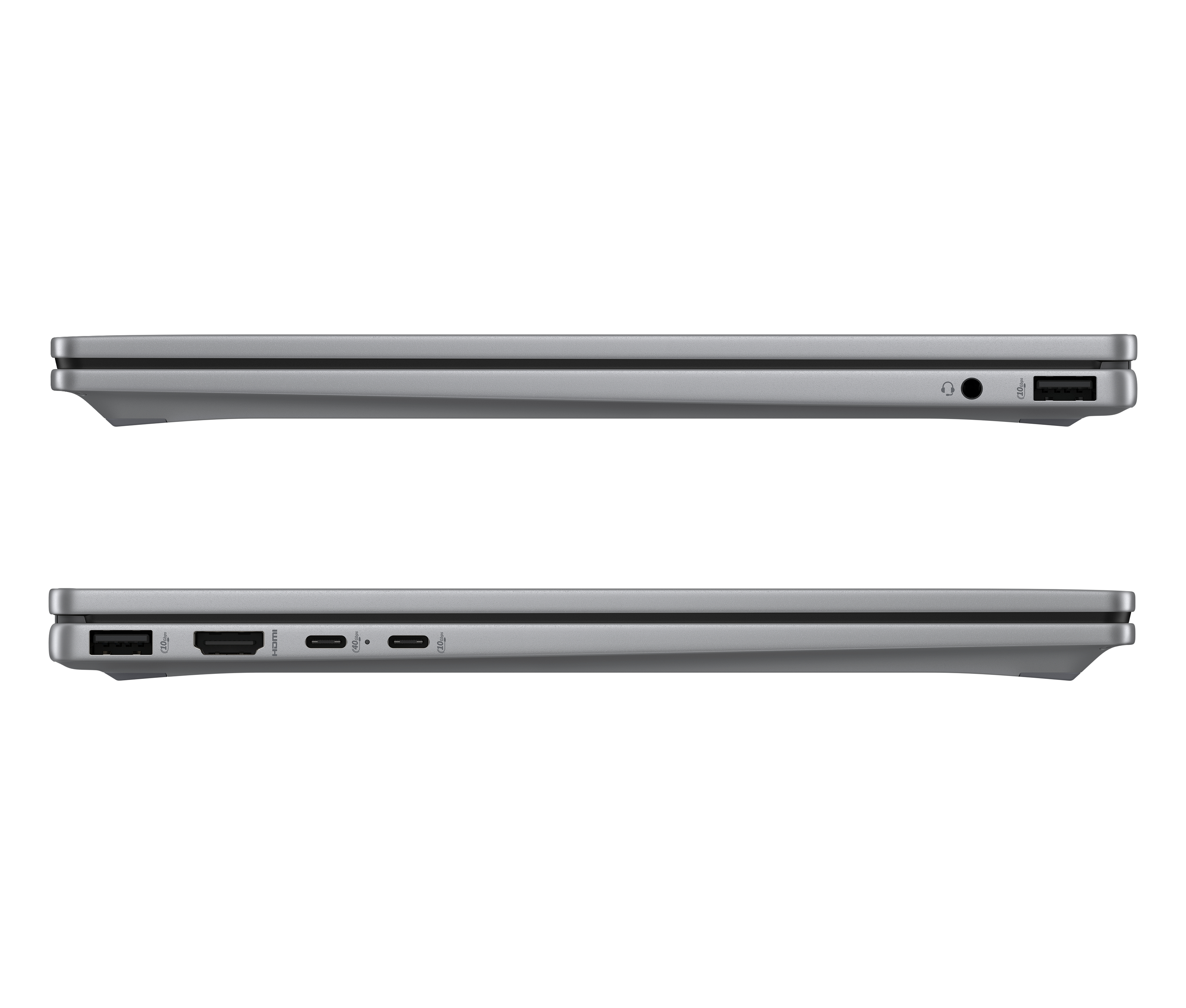 Zwei Seitenansichten eines grauen Laptops mit Anschlüssen, einschließlich HDMI und USB.