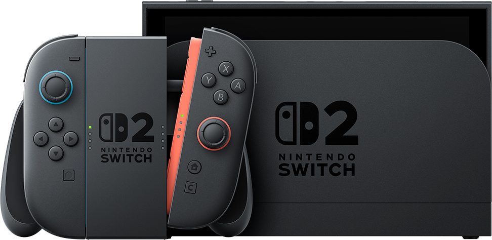 Console Nintendo Switch noire avec Joy-Cons rouges et bleus. Logo Switch sur la console et Joy-Cons.
