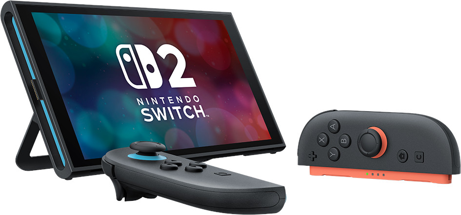 Nintendo Switch met controllers, een zwart-oranje controller wordt getoond. Witte achtergrond.