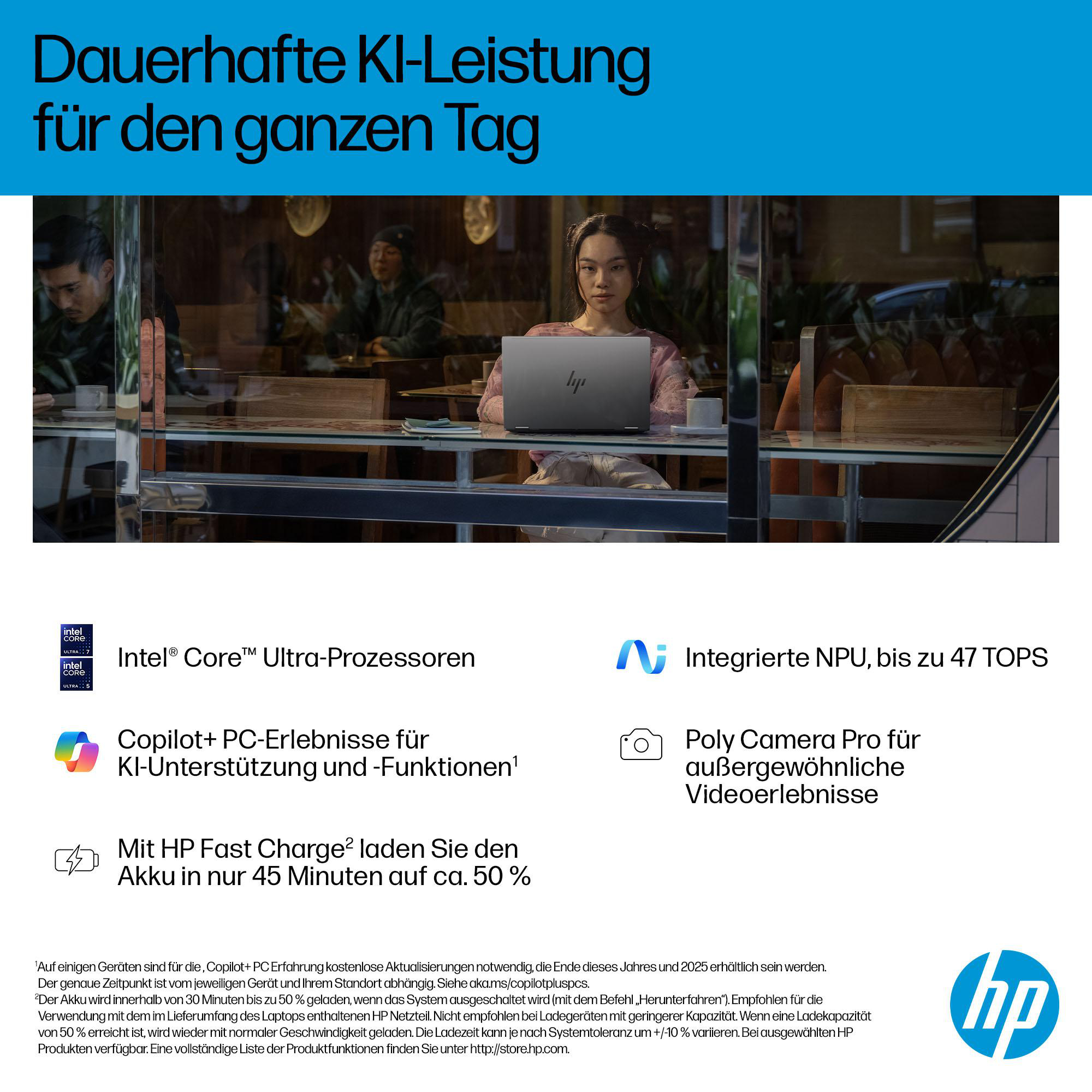 Frau benutzt Laptop in einem Café. Text und Logos zu Leistung und Funktionen.