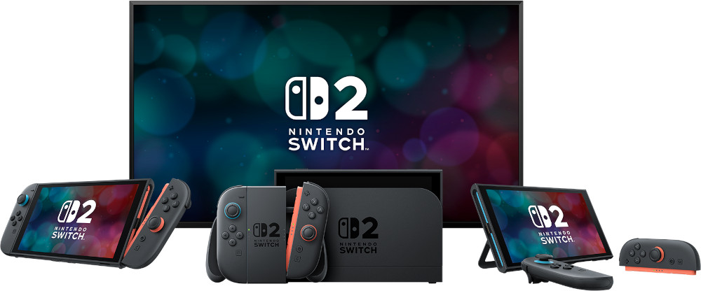Een zwarte Switch-console en controllers. Een scherm toont het Nintendo Switch-logo.