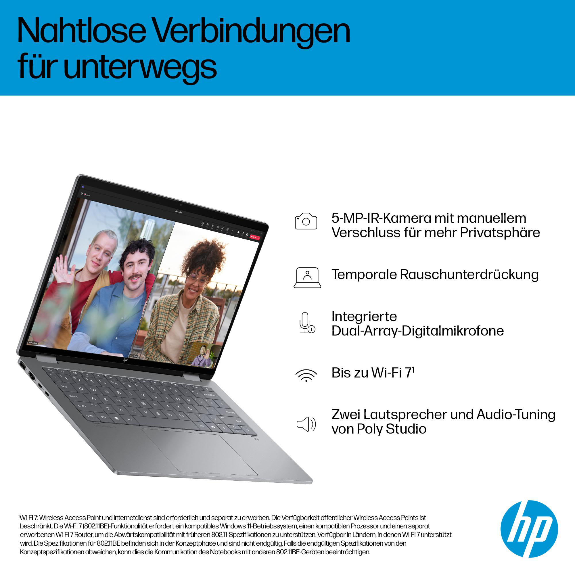 Laptop-Computer, geöffnet. Der Bildschirm zeigt Personen in einem Videoanruf. Text über Funktionen und HP-Logo.