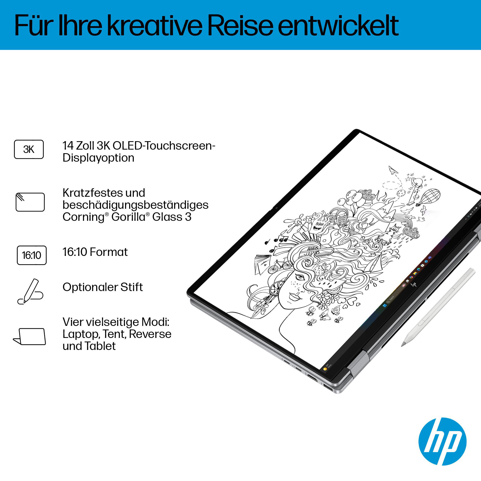 Laptop mit geöffnetem Bildschirm, Text und Zeichnungen zeigend. Weißer Stift daneben.