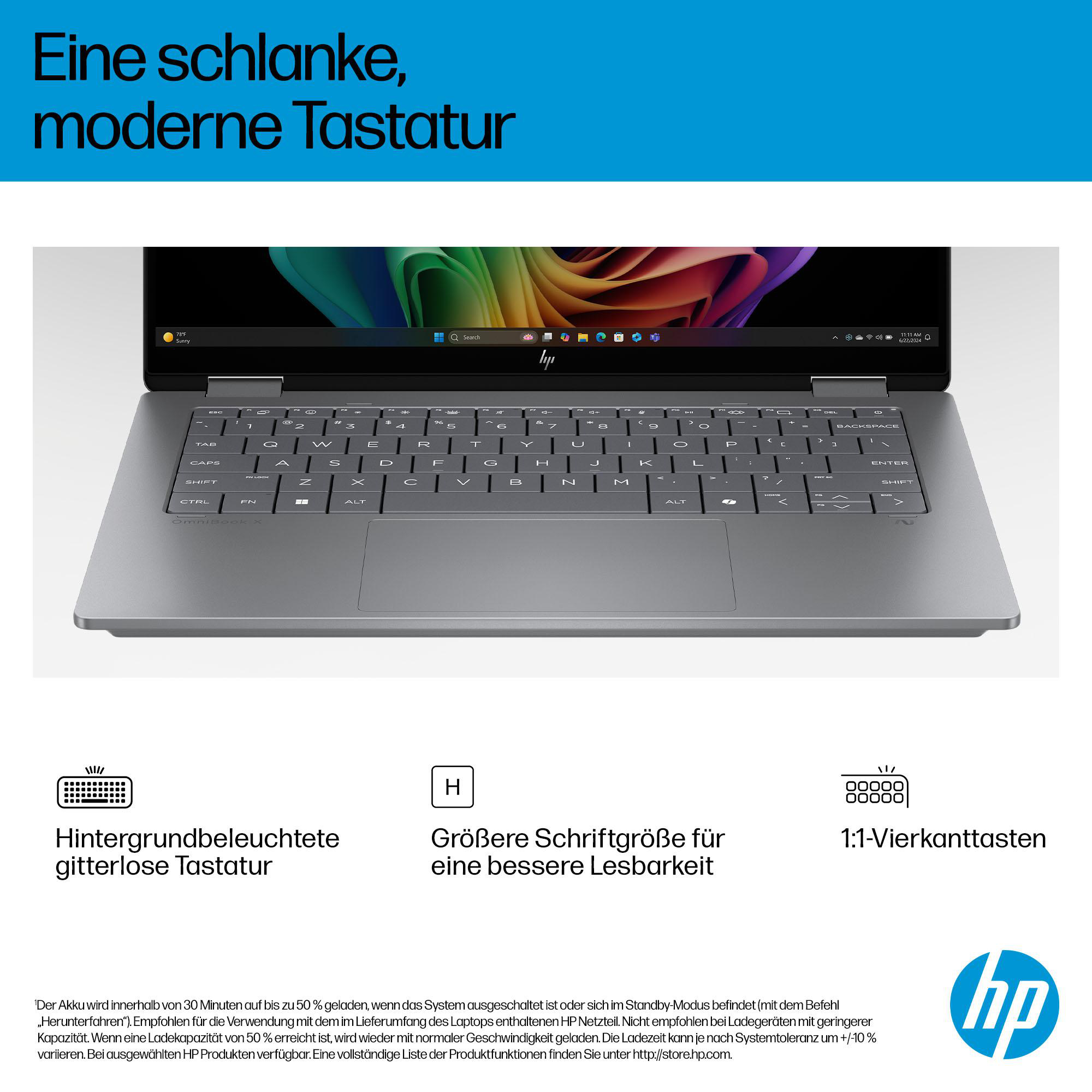 Laptop-Tastatur. Sie hat einen silbernen Rahmen und schwarze Tasten. Der Bildschirm zeigt ein farbenfrohes Bild.