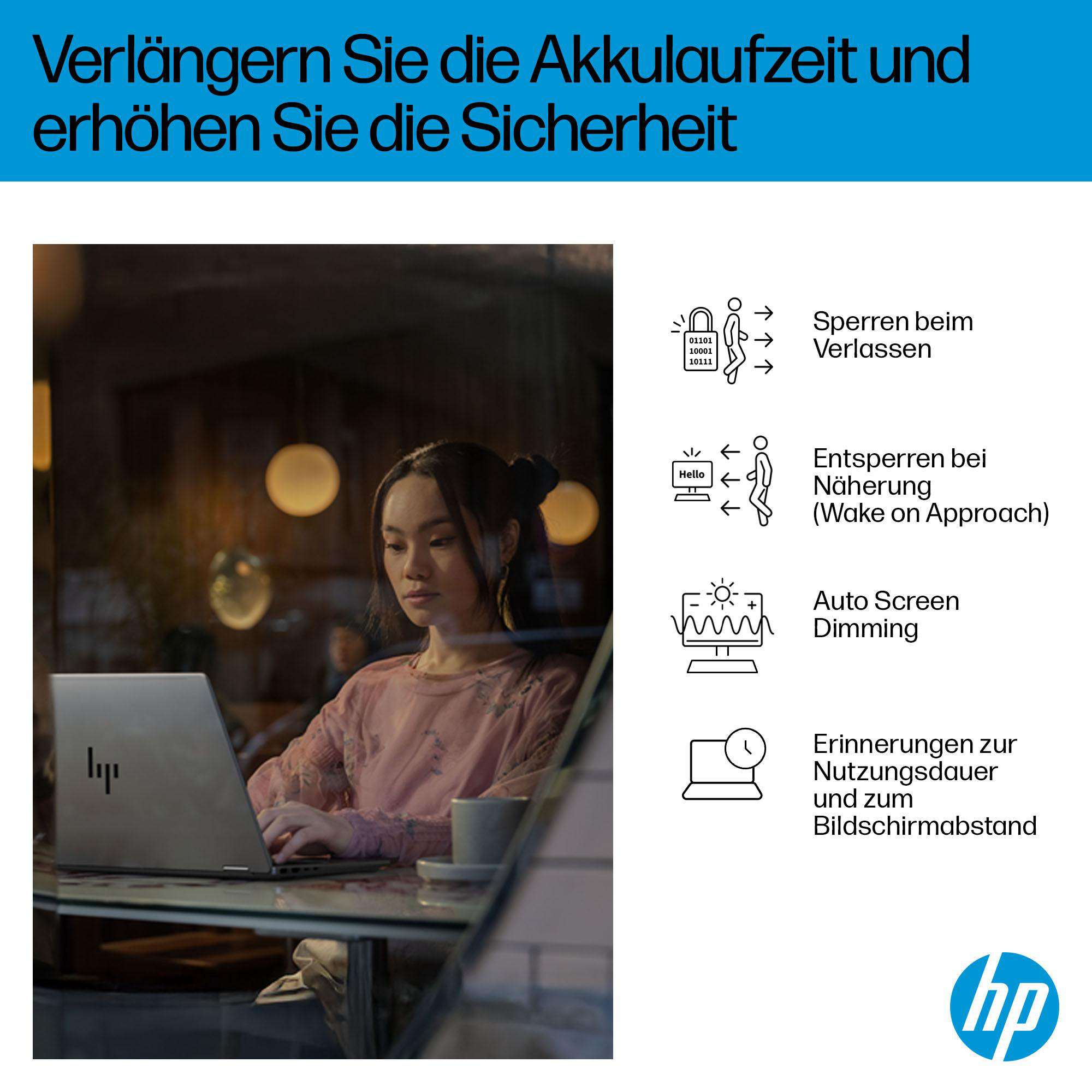 Frau benutzt HP Laptop. Symbole zeigen Sicherheitsfunktionen wie Sperren, Entsperren und Bildschirmdimmen.