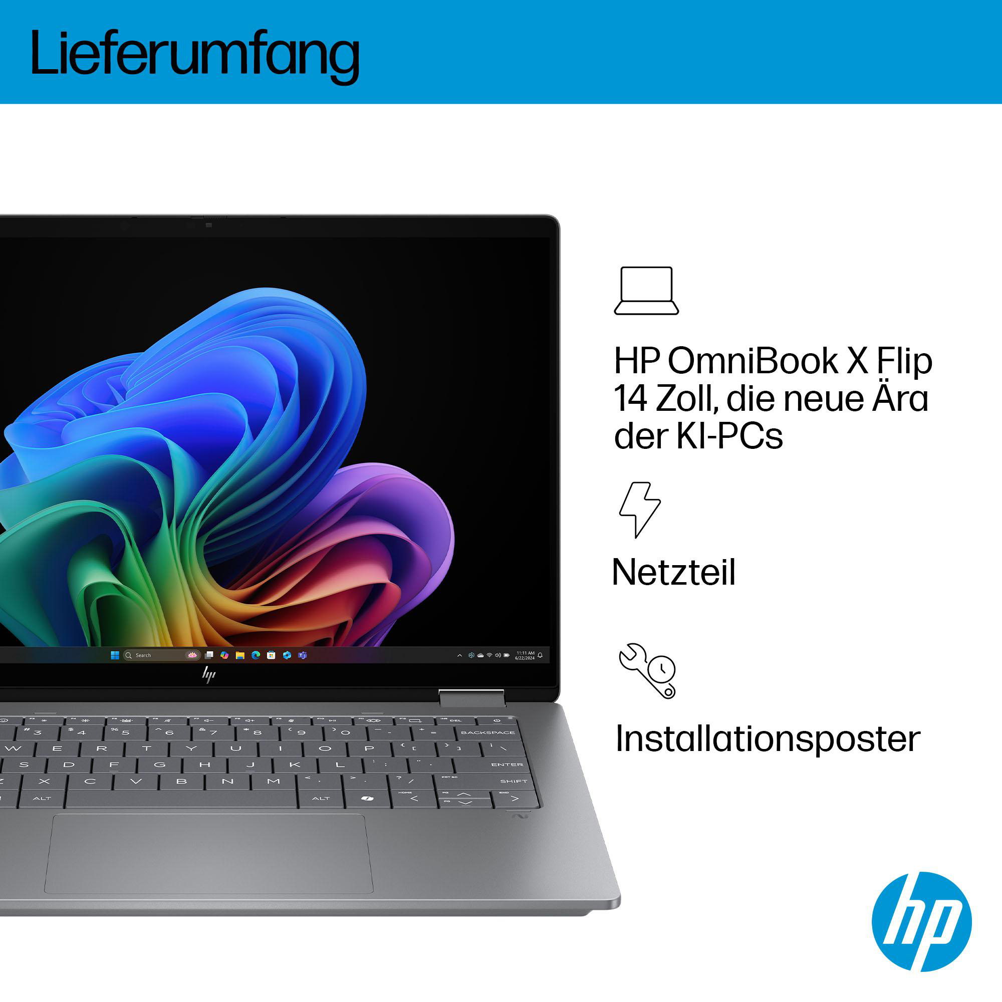 Laptop und Symbole. Text: 'HP OmniBook X Flip 14 Zoll, die neue Ära der KI-PCs'.