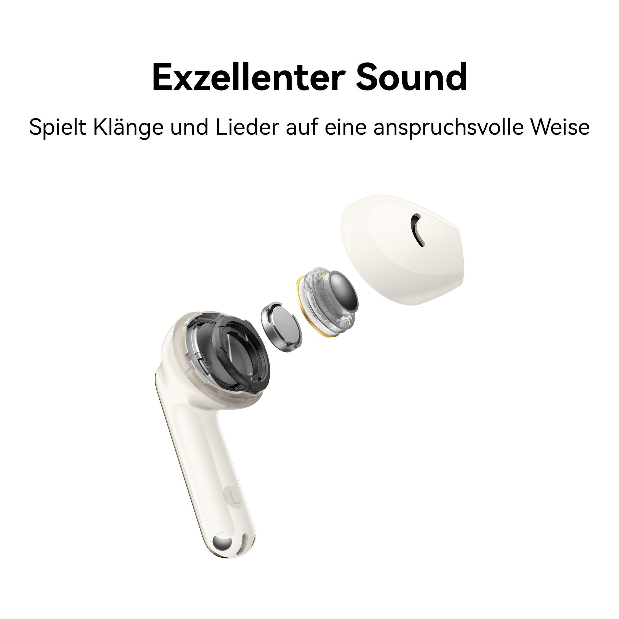 Weiße Kopfhörer-Komponenten zerlegt, Text beschreibt Klangqualität, auf weißem Hintergrund.