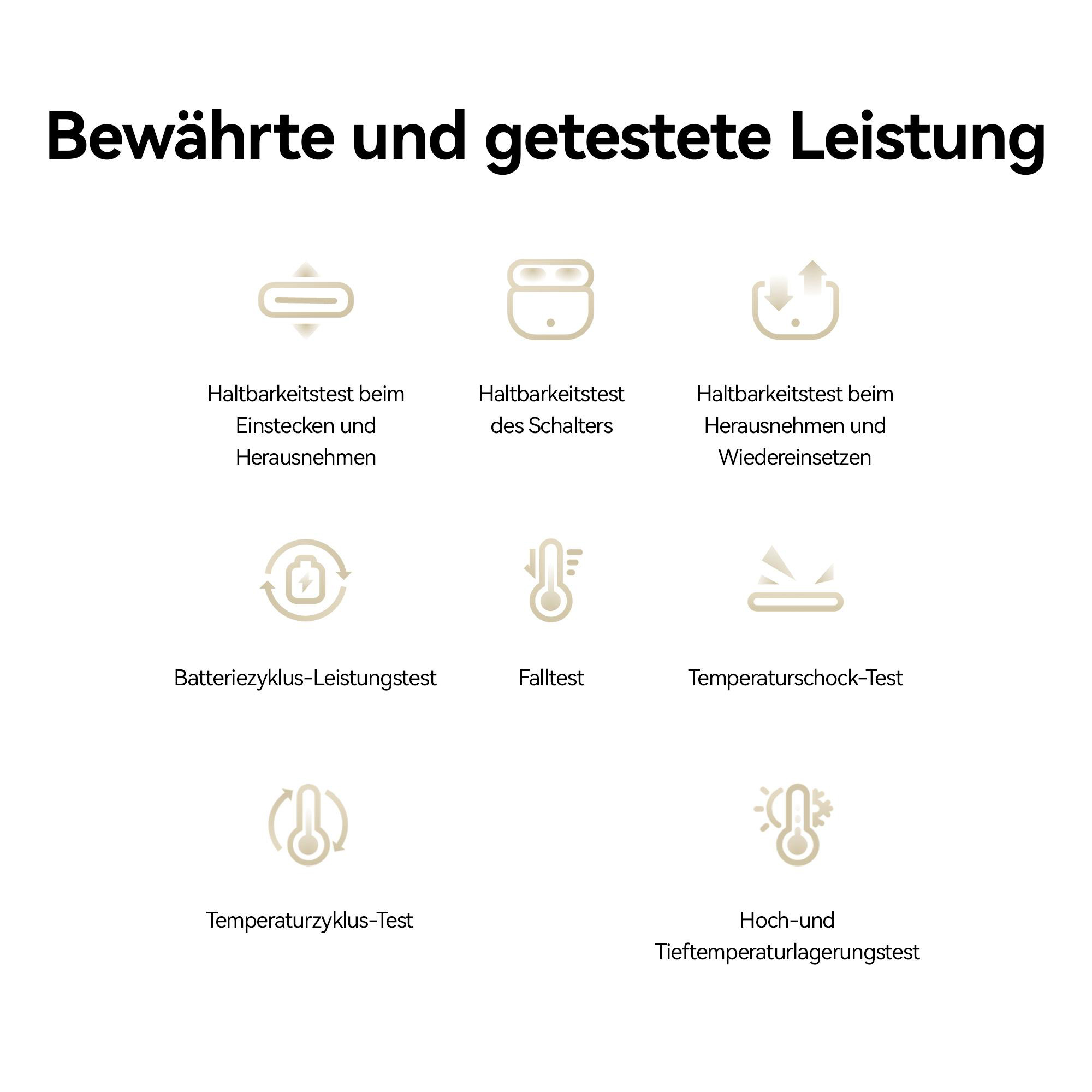 Symbole zeigen Tests: Einsetzen, Schalter, Wiederverwendung, Batterie, Fall, Temperatur.