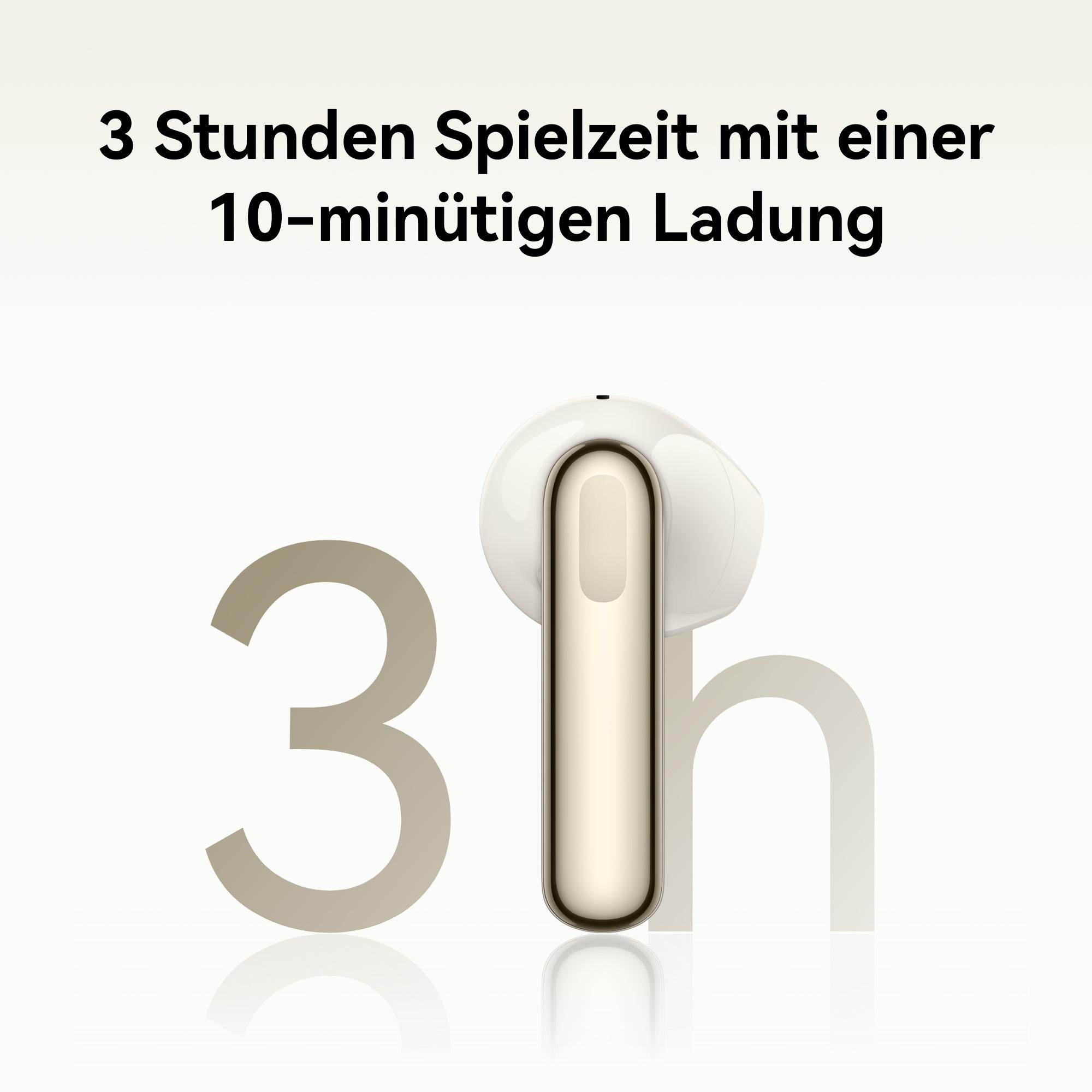 Weiße Ohrhörer mit der Zahl 3 und dem Buchstaben 'h' daneben, was 3 Stunden Spielzeit angibt.