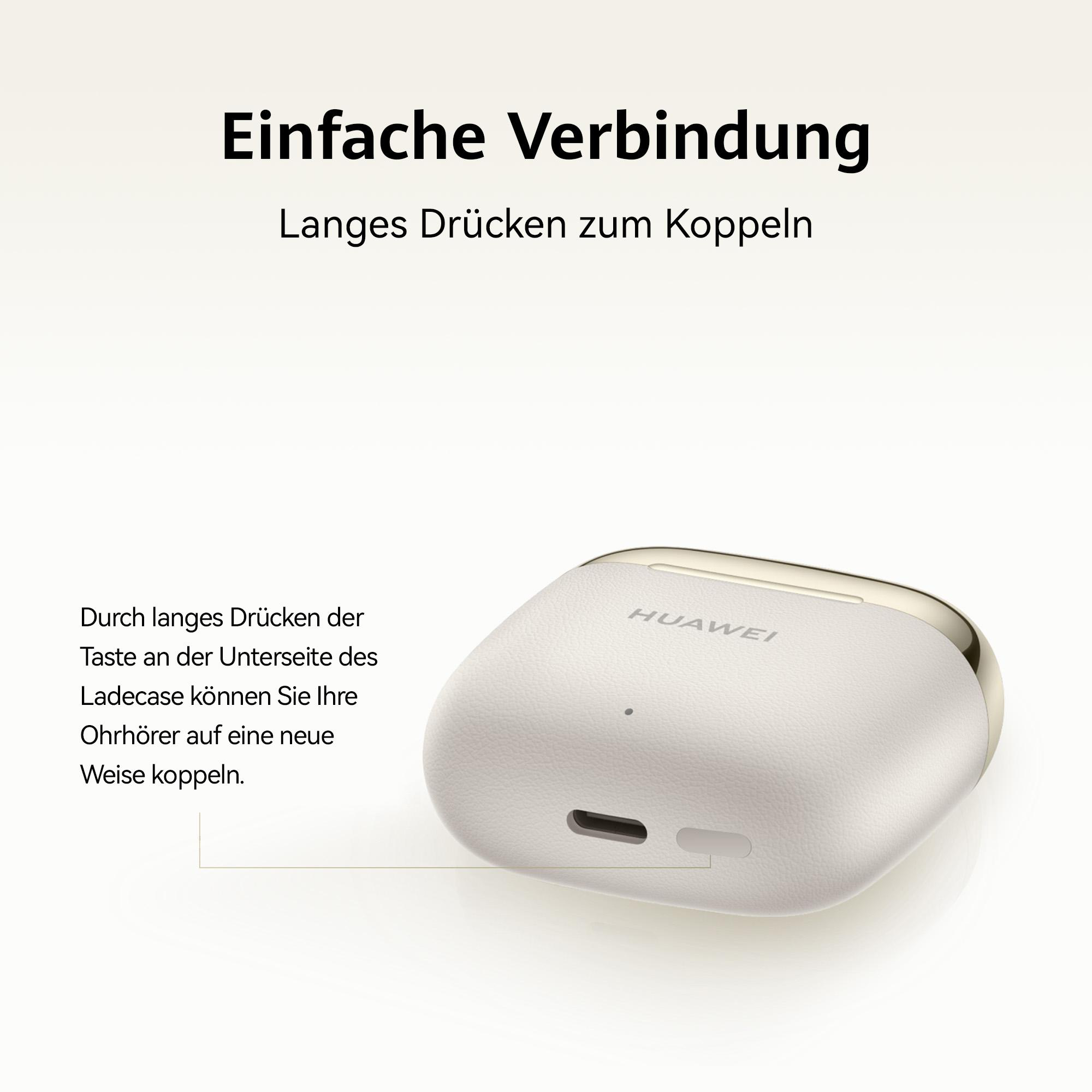 Ein weißes Ladecase für Ohrhörer mit goldfarbenem Rand, mit Text zum Koppeln.