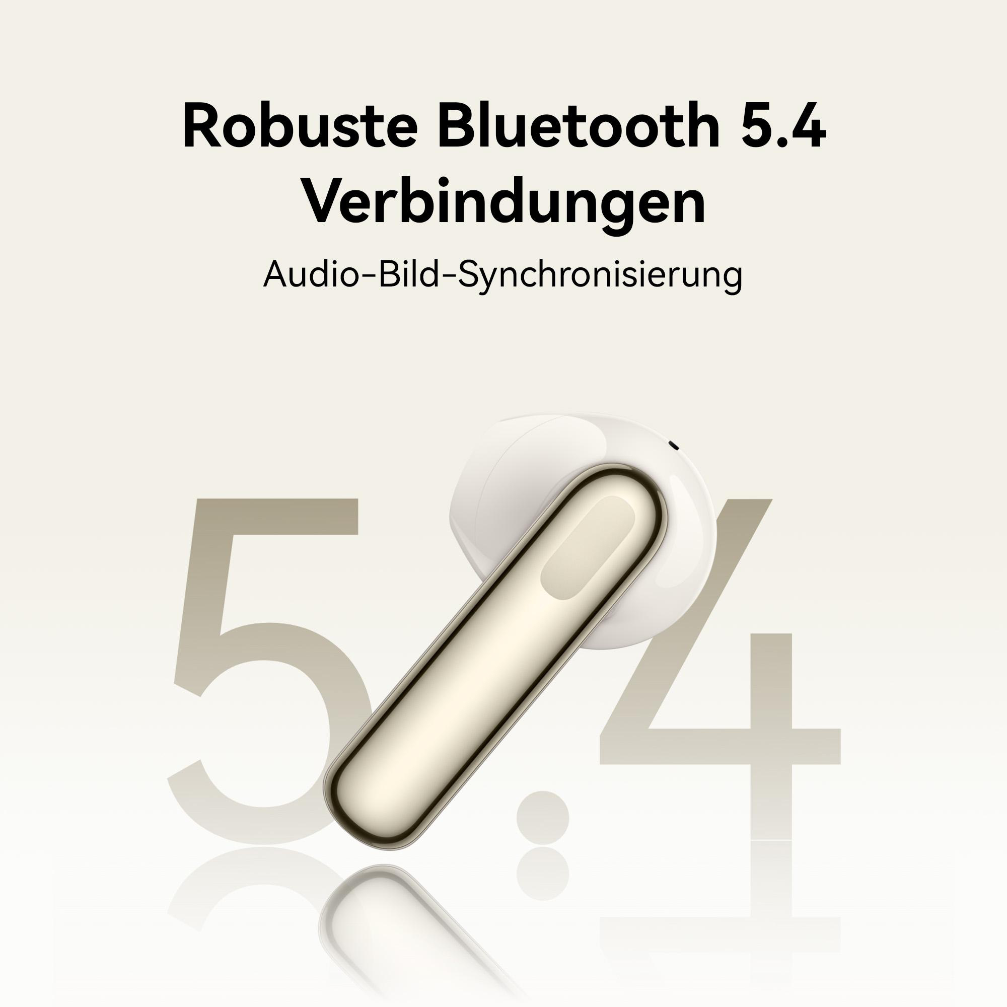 Ein Paar weiße Ohrhörer mit Ladecase und dem Text '5:4' mit Reflexion im Hintergrund.