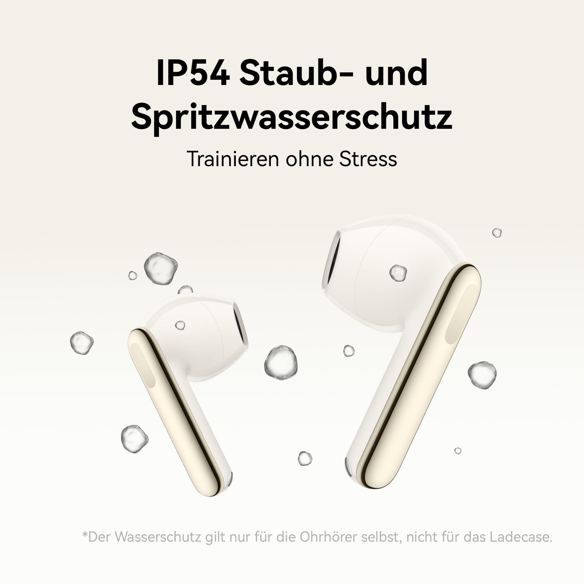 Weiße kabellose Ohrhörer mit goldenen Akzenten und Wassertropfen um sie herum.