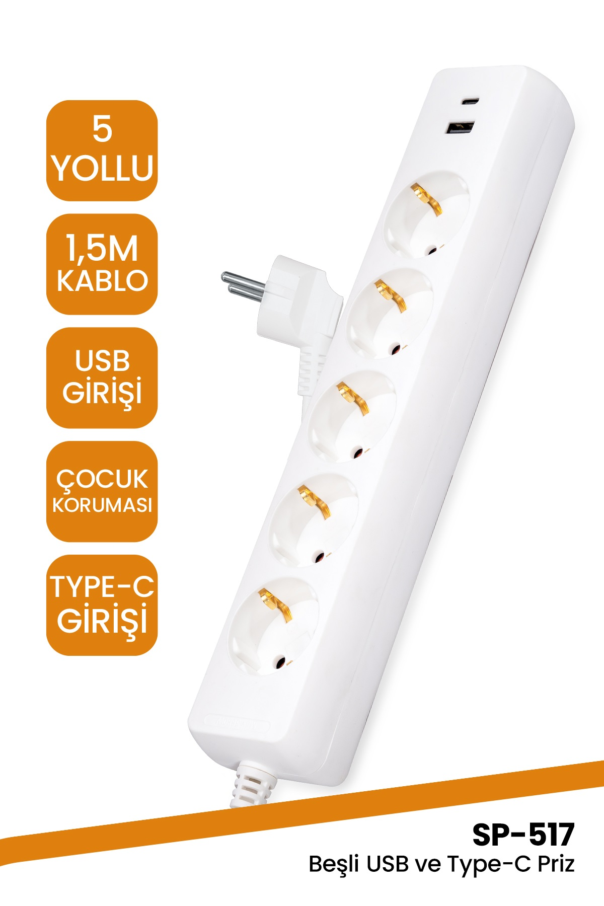 Beş prizli, USB ve Type-C portlu, güvenlik özellikli beyaz bir uzatma kablosu.