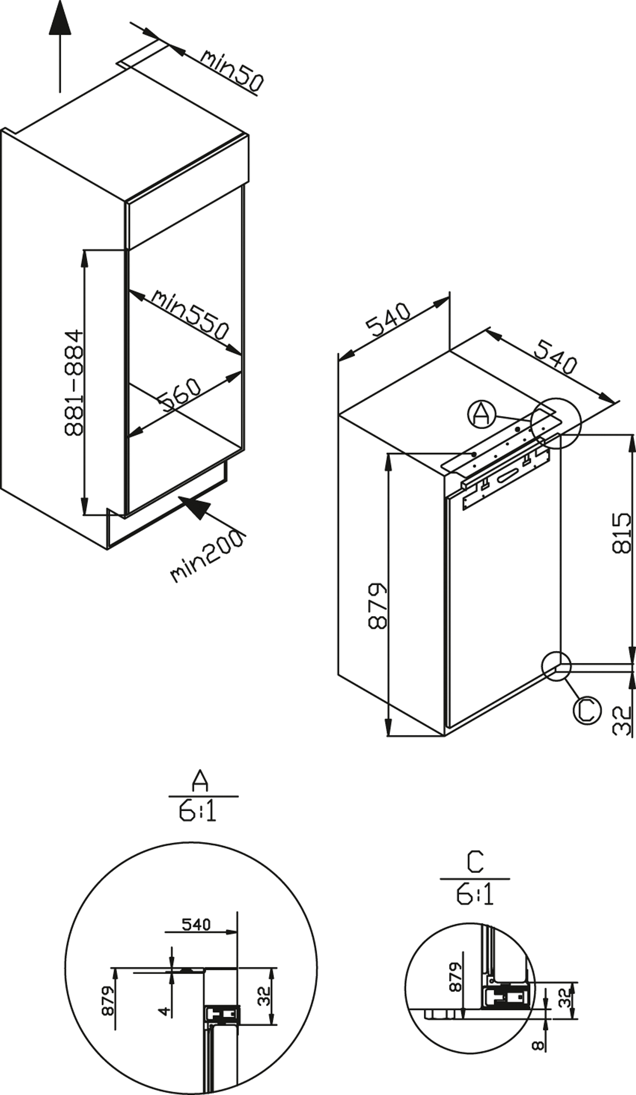 Technische Zeichnungen mit Abmessungen eines Einbaugeräts.
