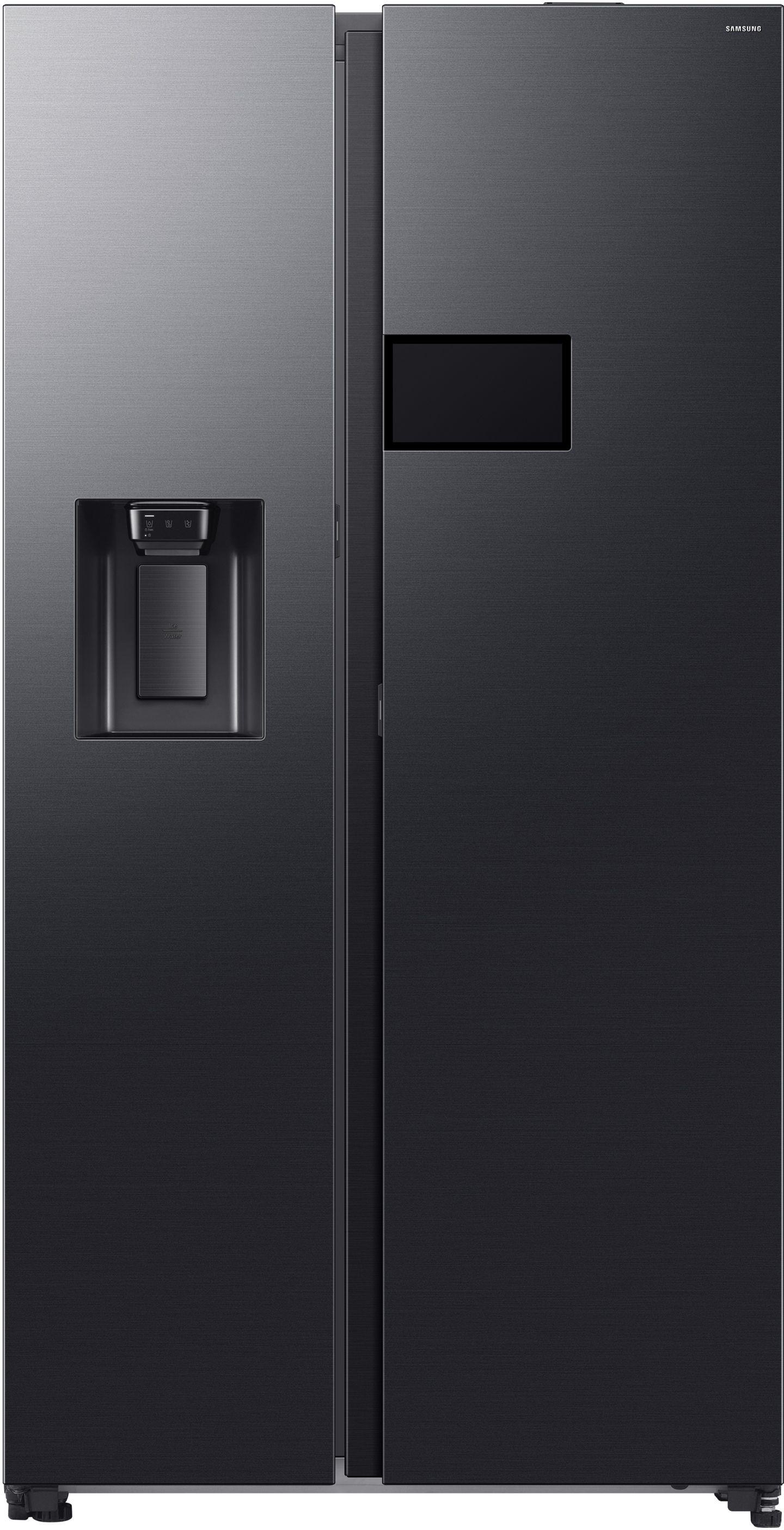 Schwarzer Kühlschrank mit zwei Türen und einem Wasserspender. Die Griffe sind unsichtbar.