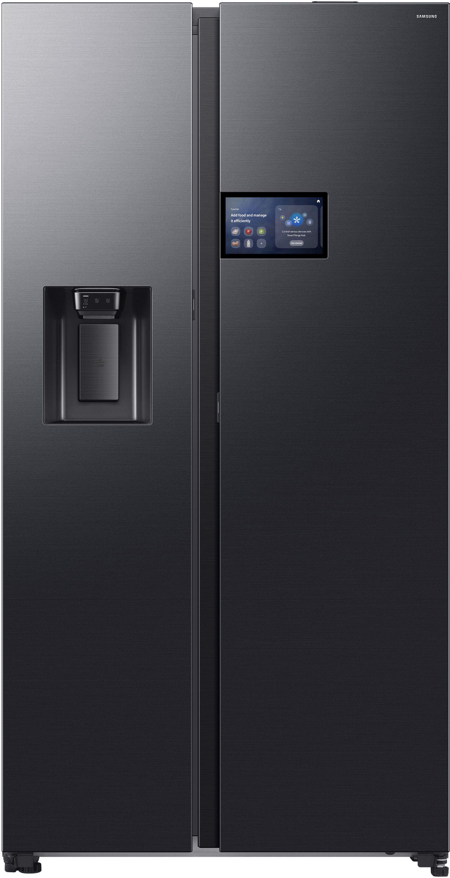 Ein schwarzer Samsung Kühlschrank mit Wasserspender und Touchscreen-Oberfläche an der Tür.