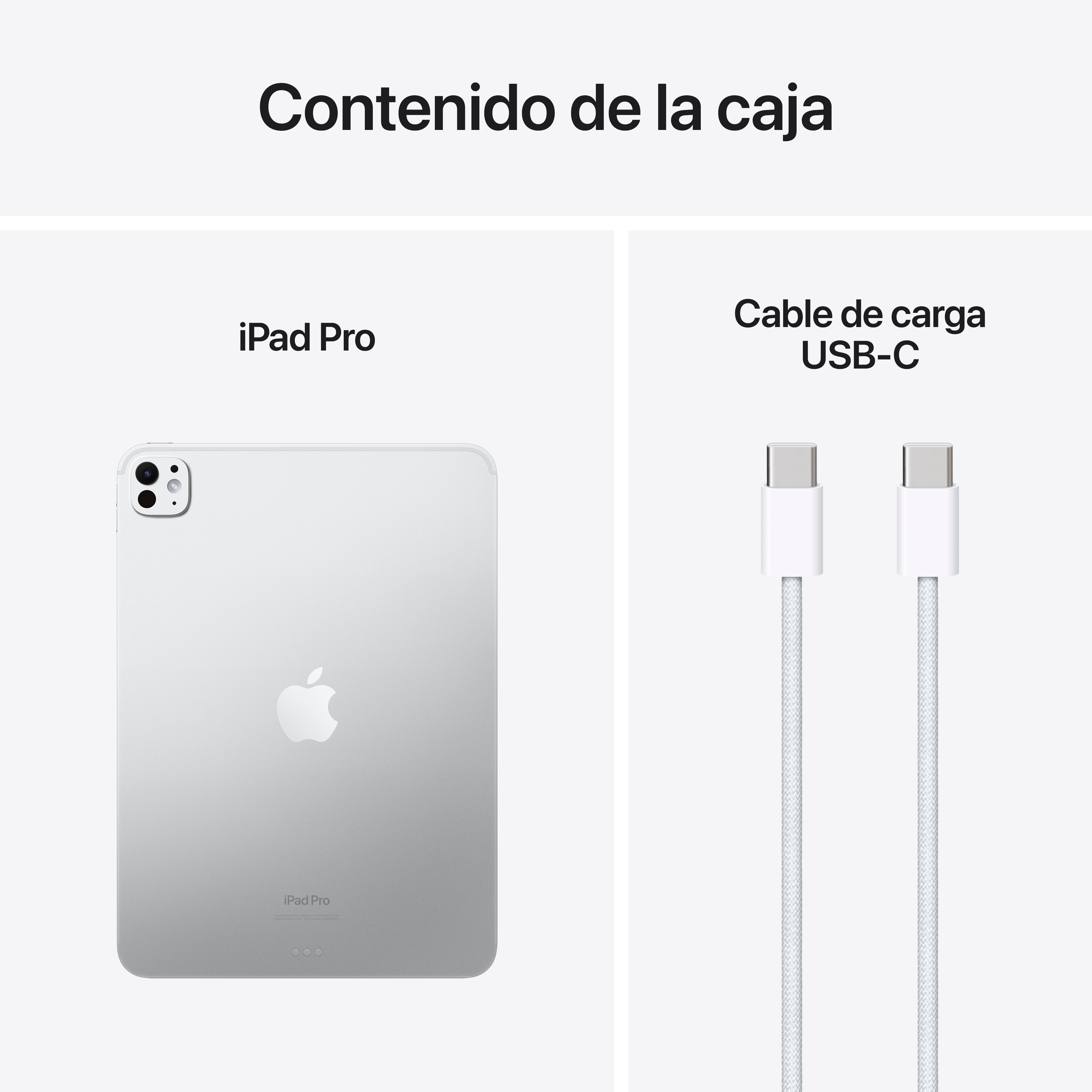 iPad Pro y cable de carga USB-C blanco presentados sobre fondo blanco.