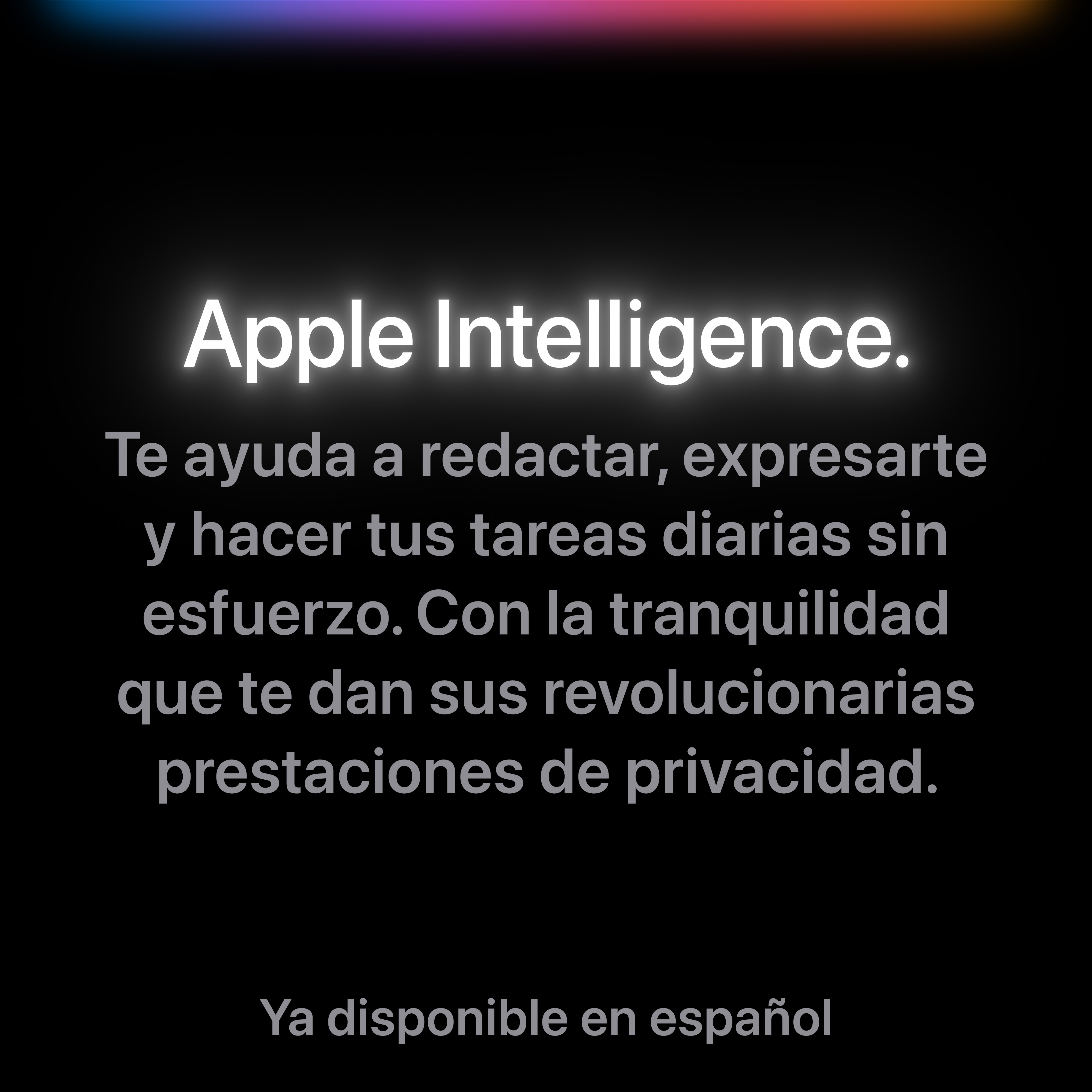 Pantalla negra con texto: Apple Intelligence. Texto en español debajo.