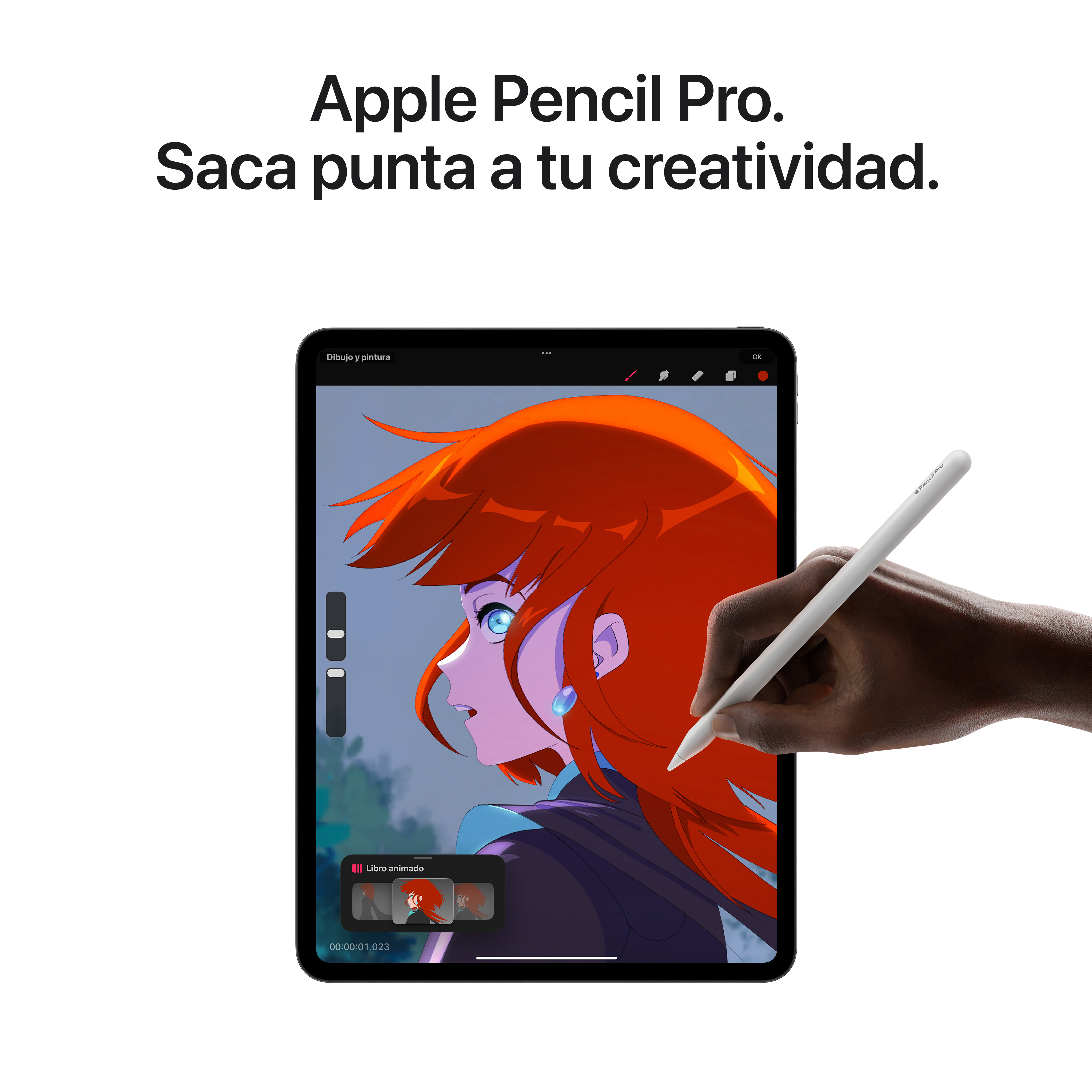 Un iPad con un dibujo en la pantalla, y un Apple Pencil en una mano.
