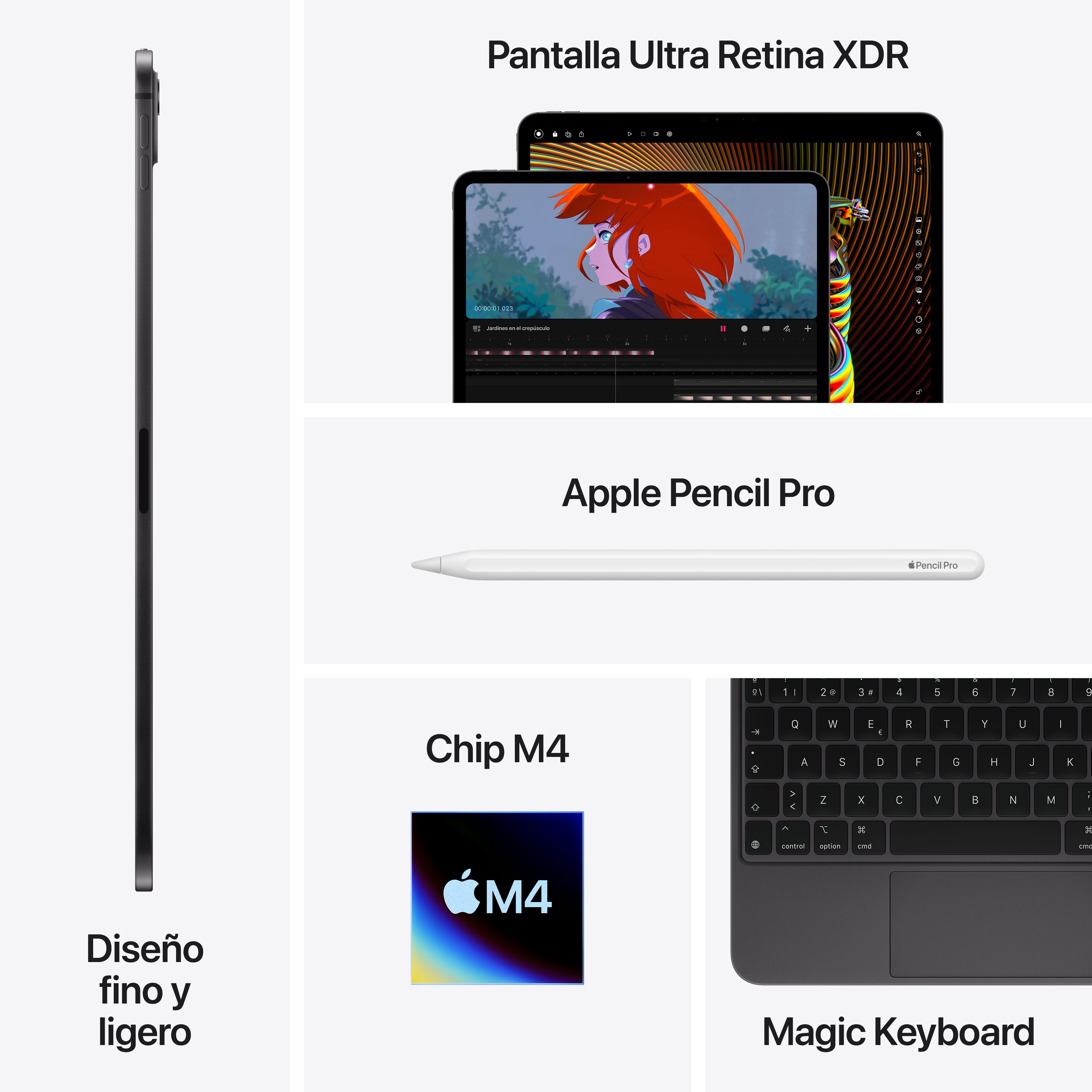 iPad con Apple Pencil Pro, Magic Keyboard y el chip M4, con detalles en la pantalla.