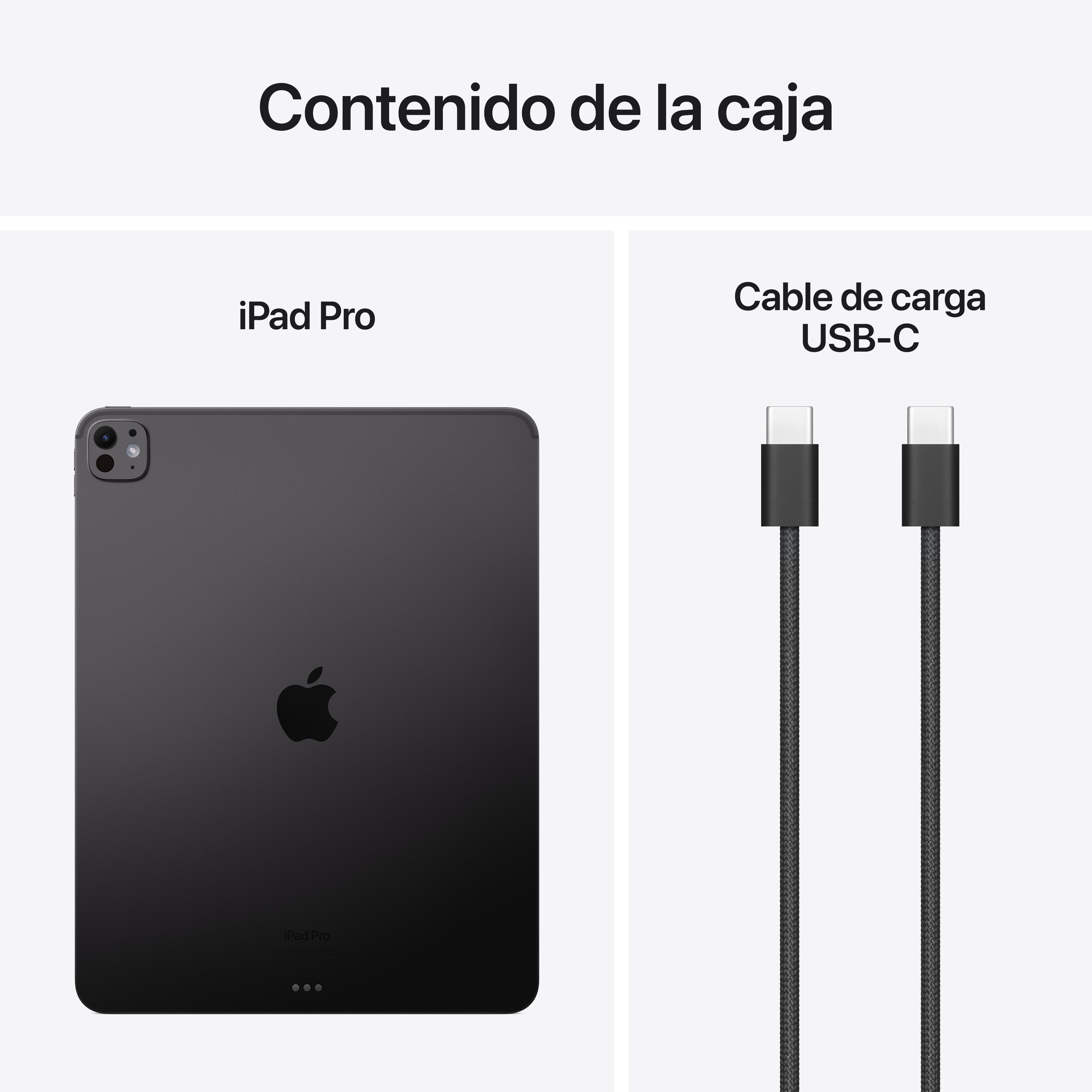 Un iPad Pro y un cable de carga USB-C sobre un fondo blanco.