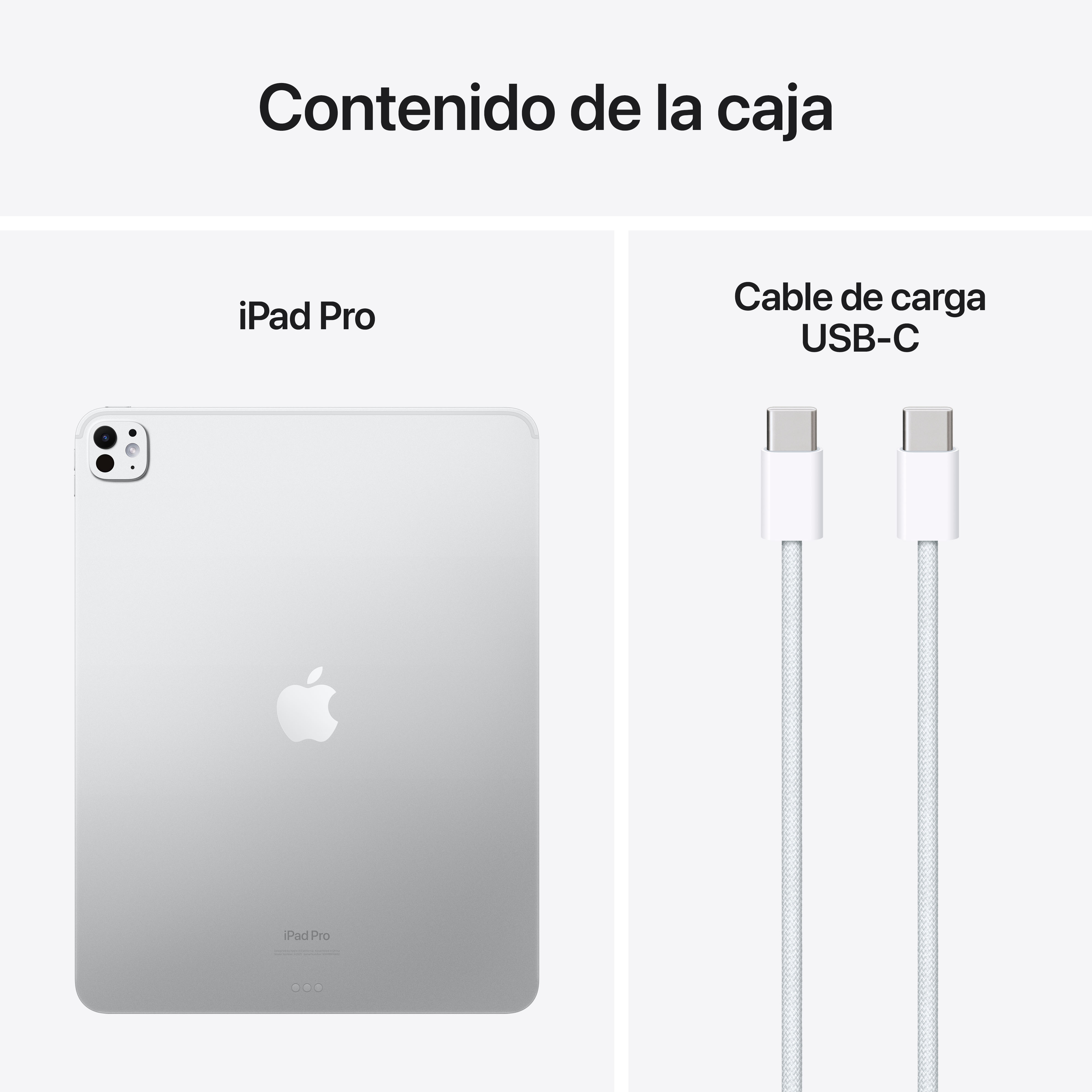 iPad Pro y un cable de carga USB-C sobre un fondo blanco. El iPad es plateado.