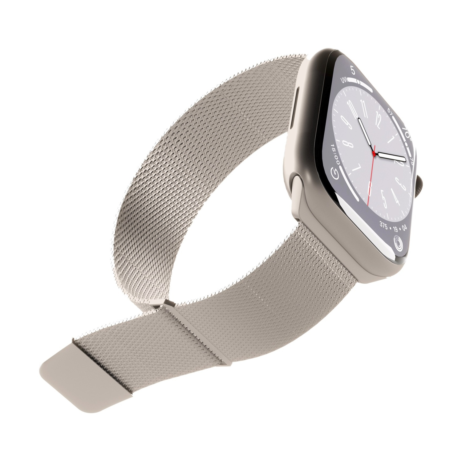 Apple Watch su sfondo bianco, visto in prospettiva. Il cinturino è grigio chiaro.