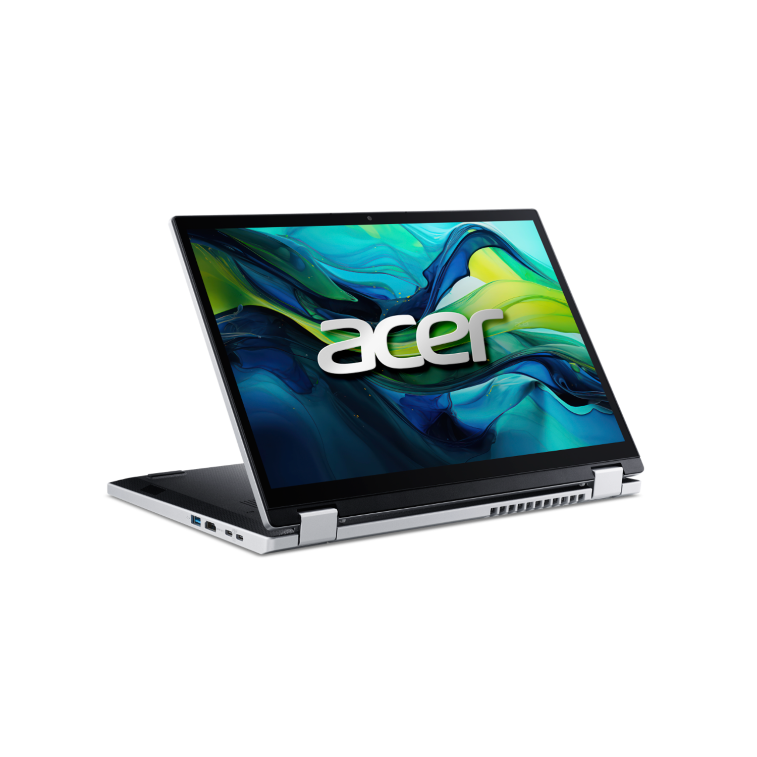 A laptop, partially open, on a black background. The laptop is silver with the logo visible.