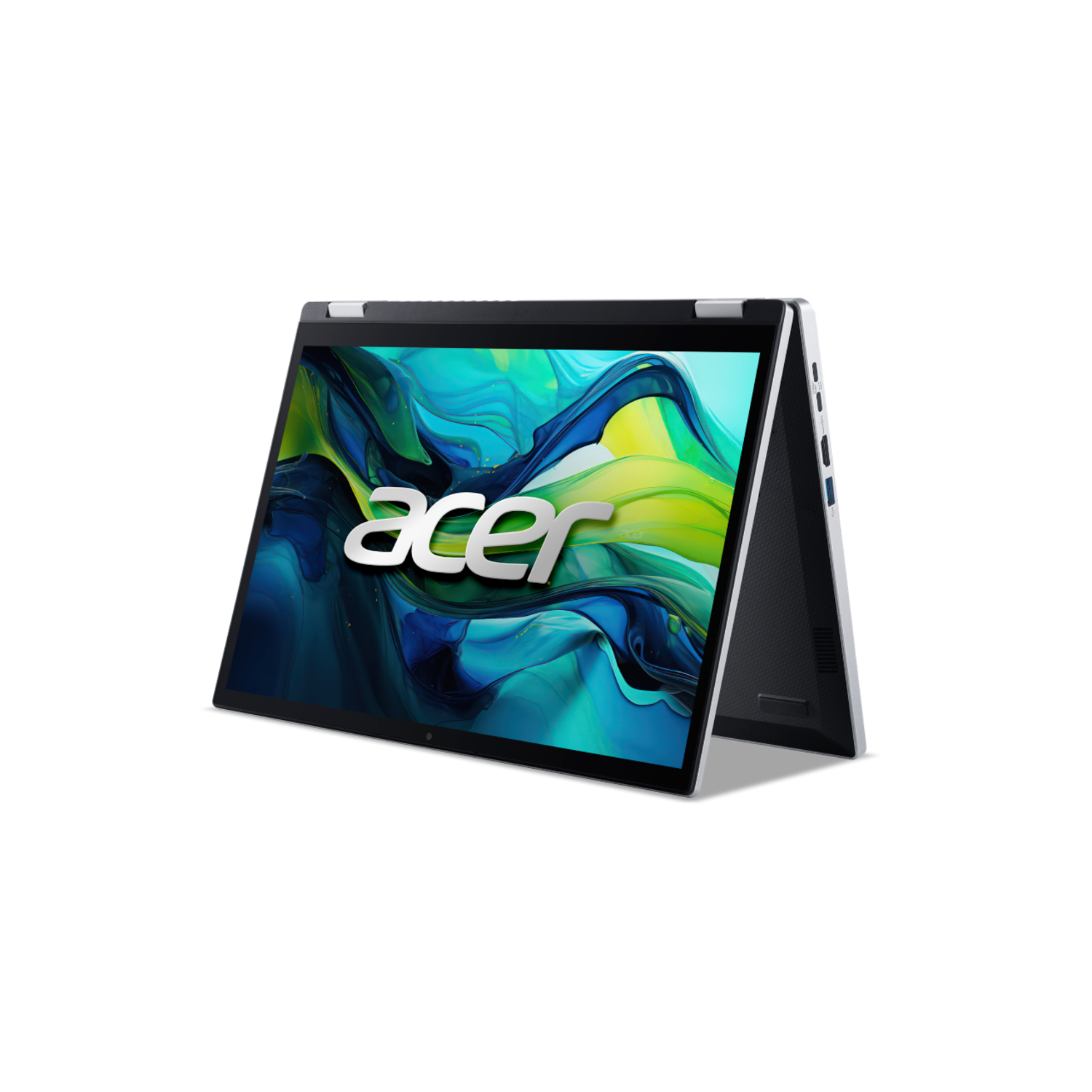 An Acer laptop in an open position against a black background.