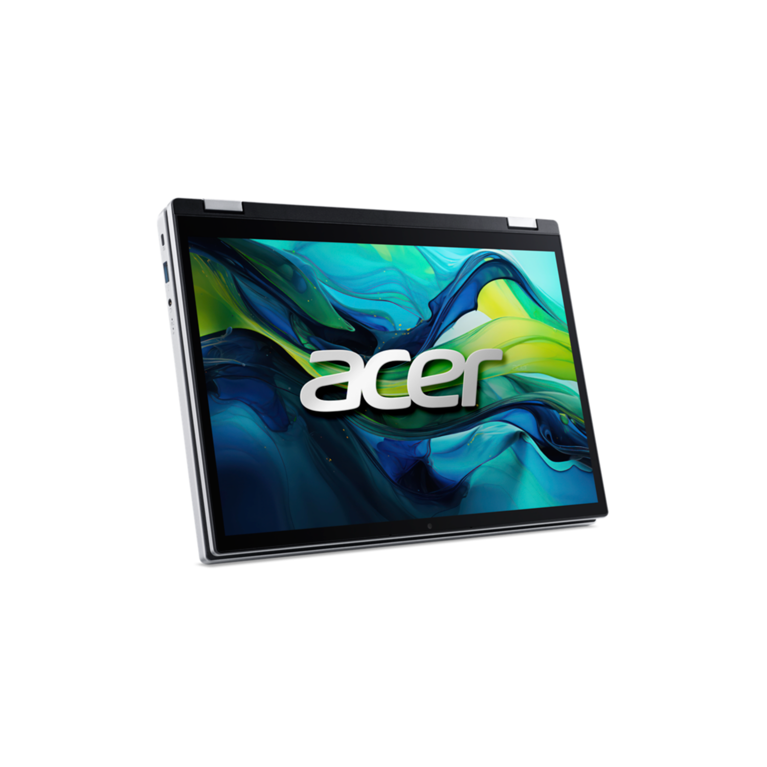 Acer laptop on black background. Screen is open, logo is visible.